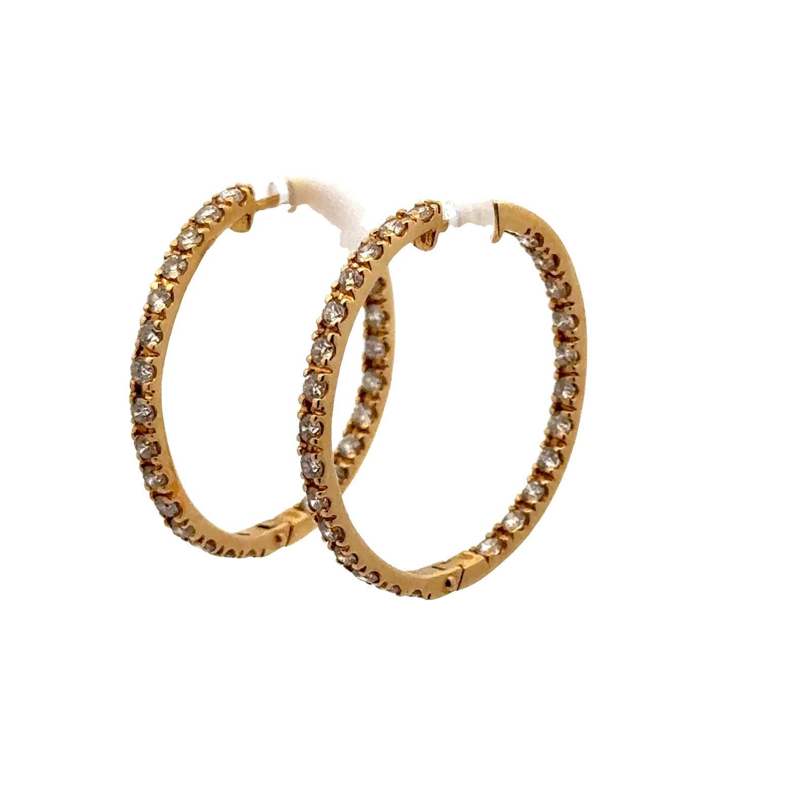 Modern 2.50 CTW Round Brilliant Cut Diamond In/Out 18 Karat Yellow Gold Hoop Earrings For Sale