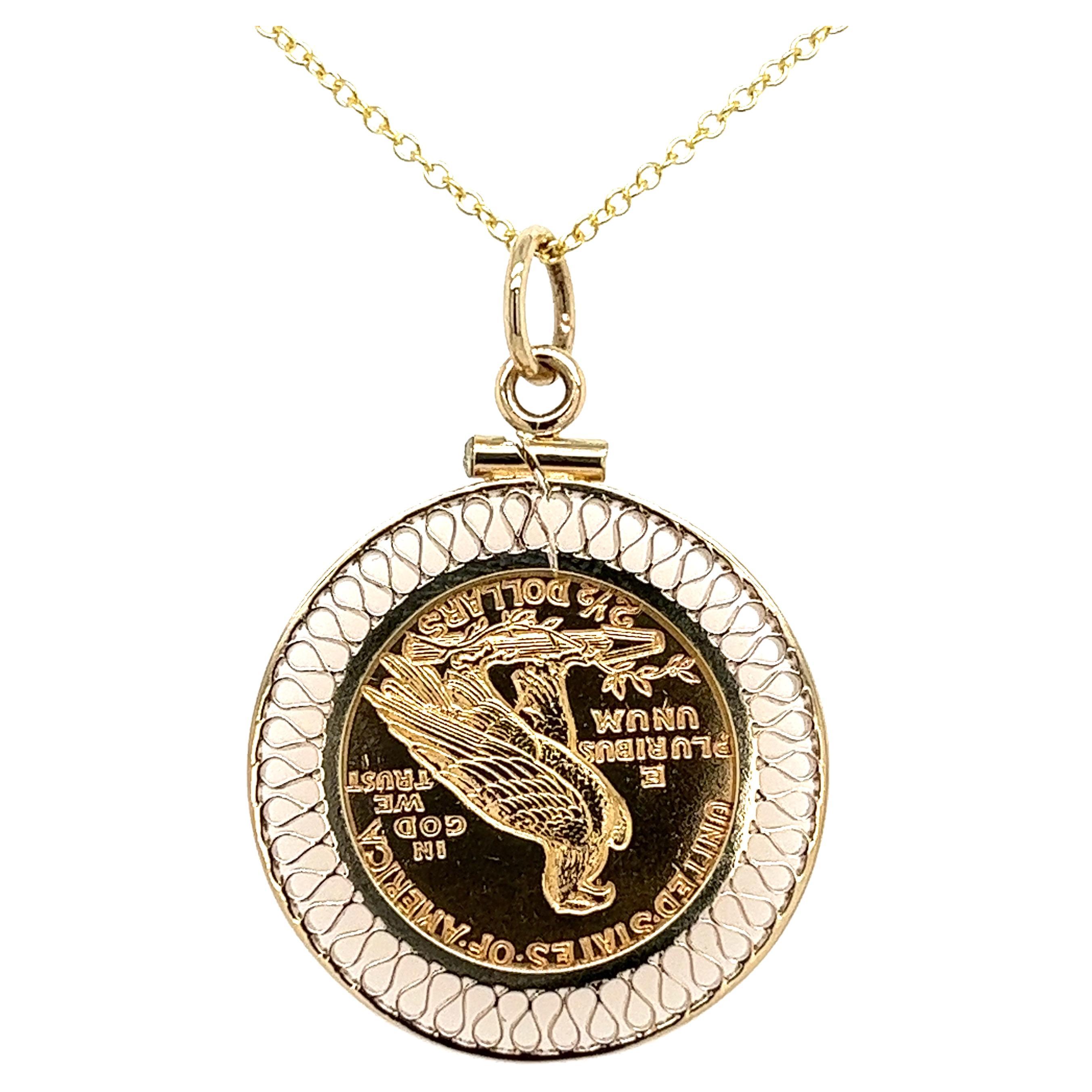 This 14K yellow gold pendant features a bezel set vintage quarter eagle 2.5 dollar US gold coin. The pendant is made of solid 14K yellow gold and the coin is securely held in place by a bezel setting, adding a unique touch to this piece of jewelry.