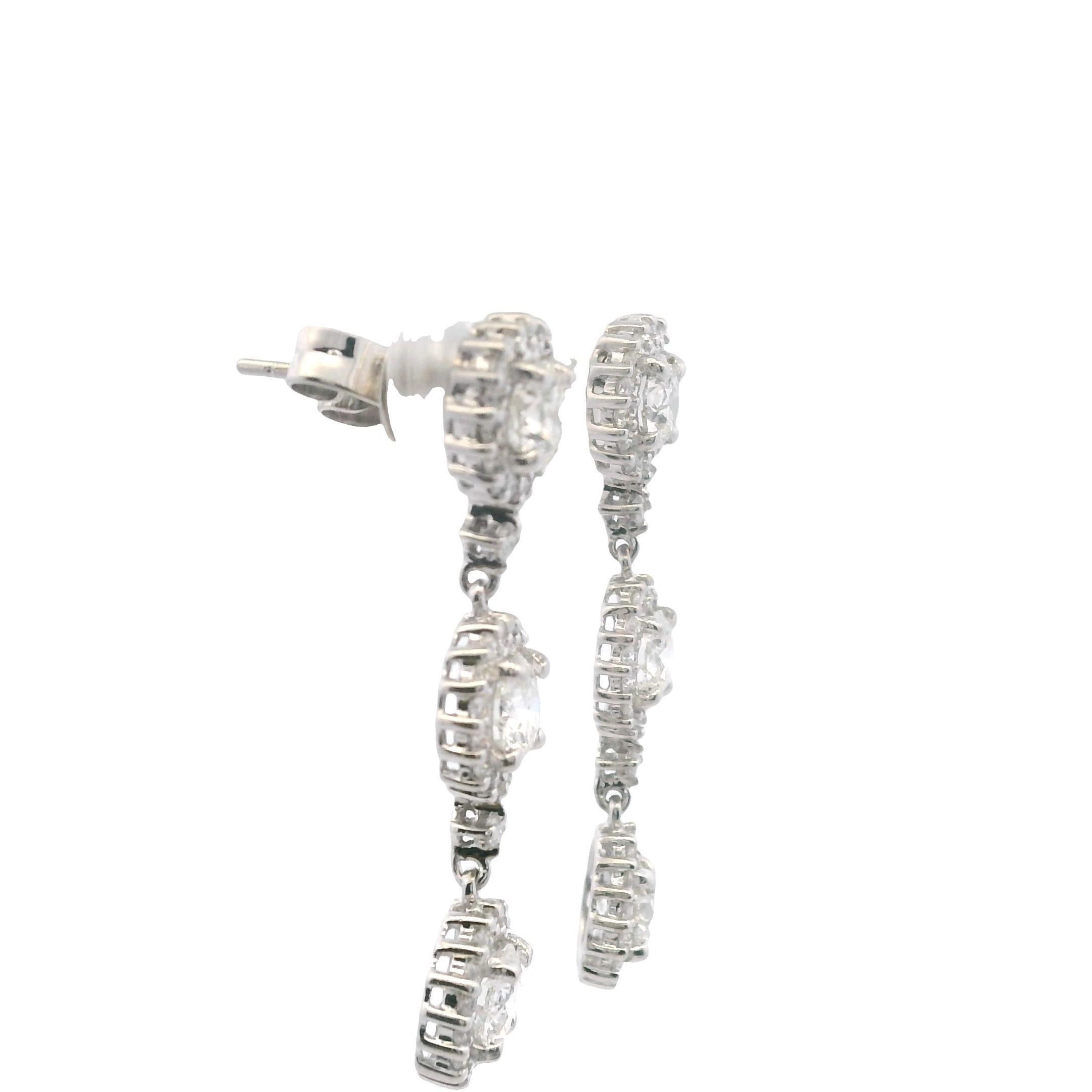Round Cut 2.50 TCW Diamond and 14k White Gold Halo Drop Earrings For Sale