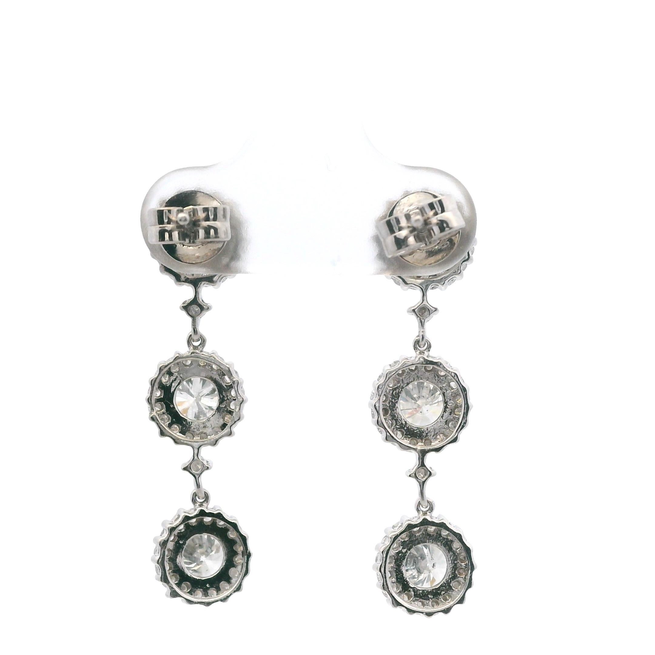 2.50 TCW Diamond and 14k White Gold Halo Drop Earrings In Good Condition For Sale In Towson, MD