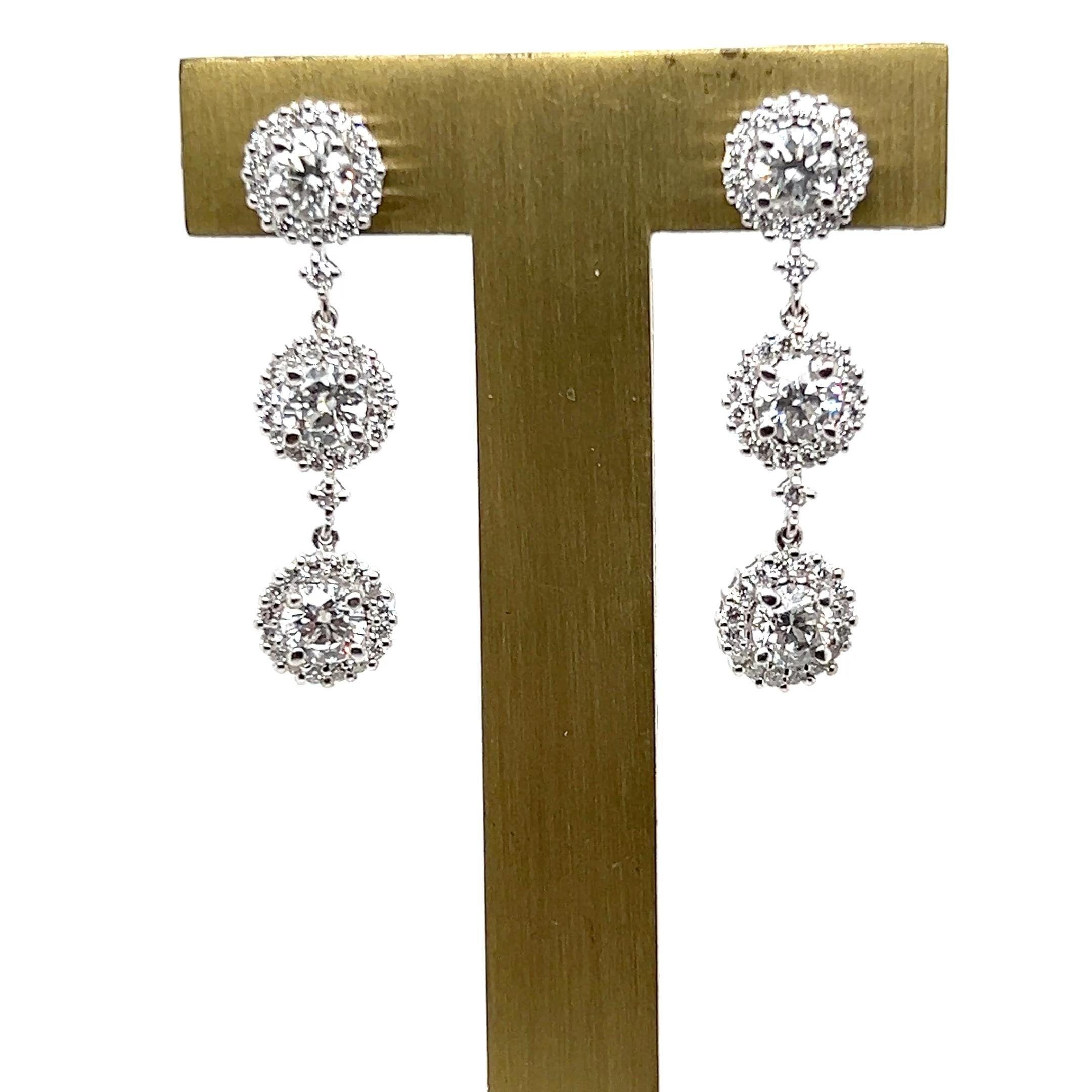 Women's or Men's 2.50 TCW Diamond and 14k White Gold Halo Drop Earrings For Sale