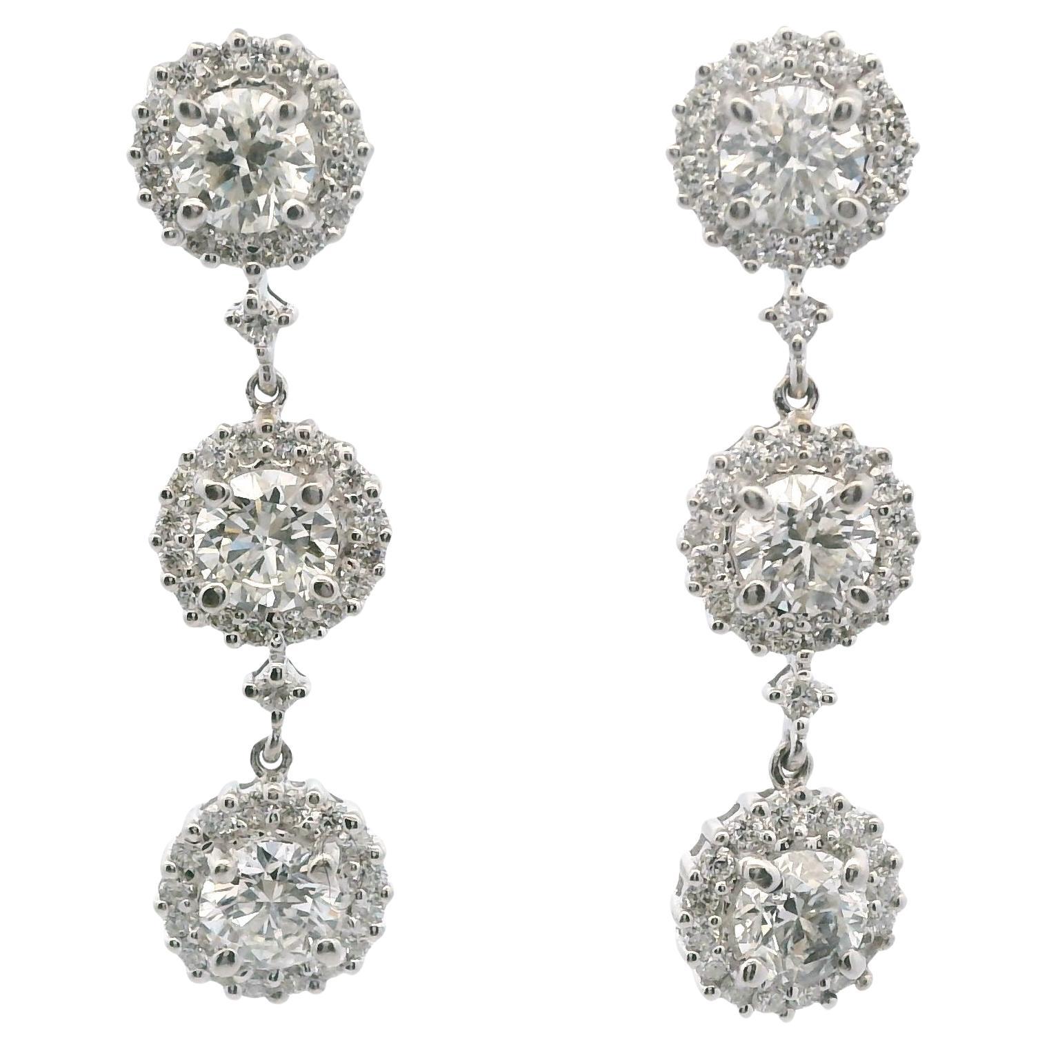 2.50 TCW Diamond and 14k White Gold Halo Drop Earrings For Sale