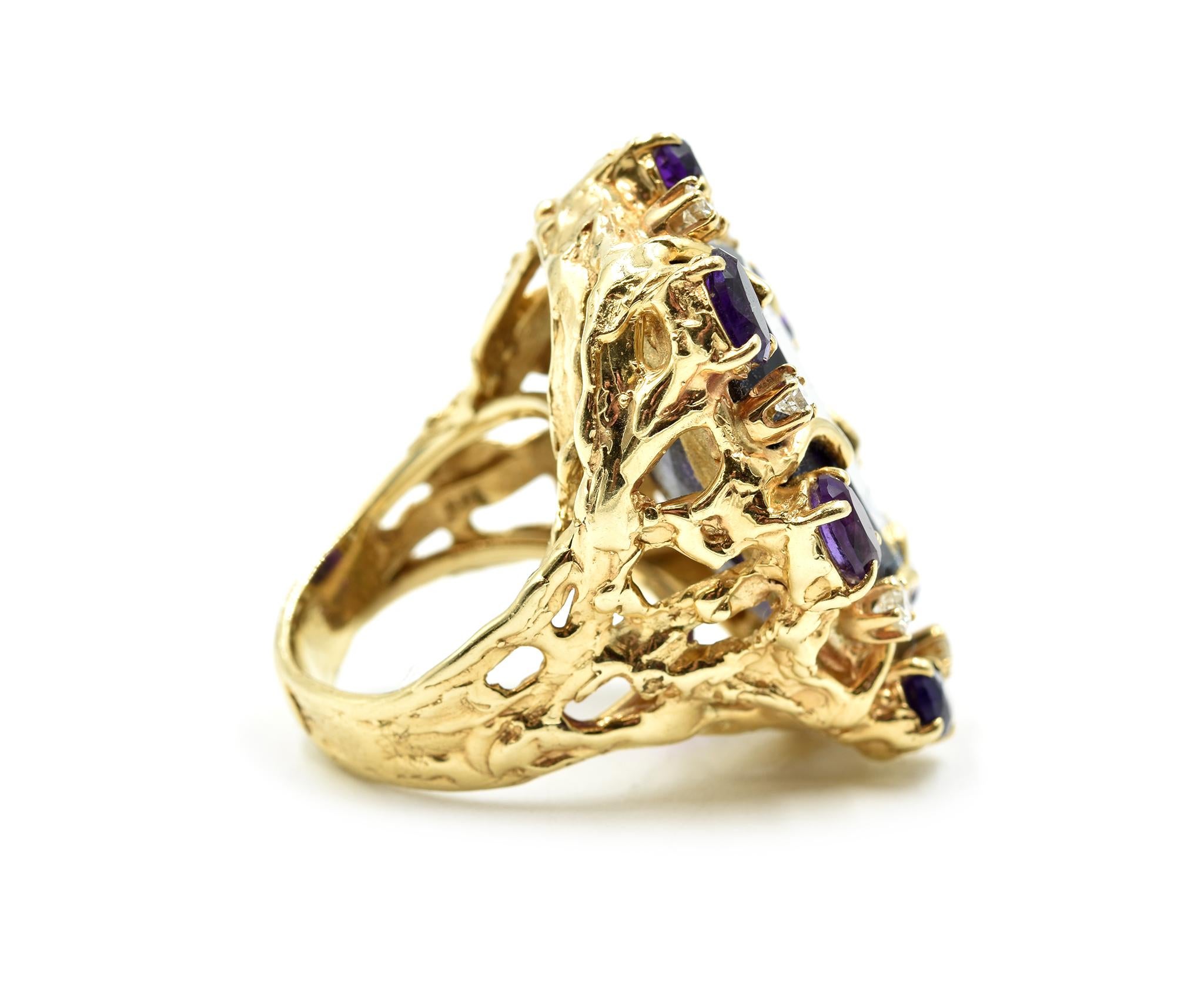 Designer: custom design
Material: 14k yellow gold
Amethyst: cushion cut 25.00 carat amethyst gemstone
Diamonds: six round brilliant cut diamonds = 0.62 carat total weight
Ring Size: 6 ¾ (please allow two additional shipping days for sizing