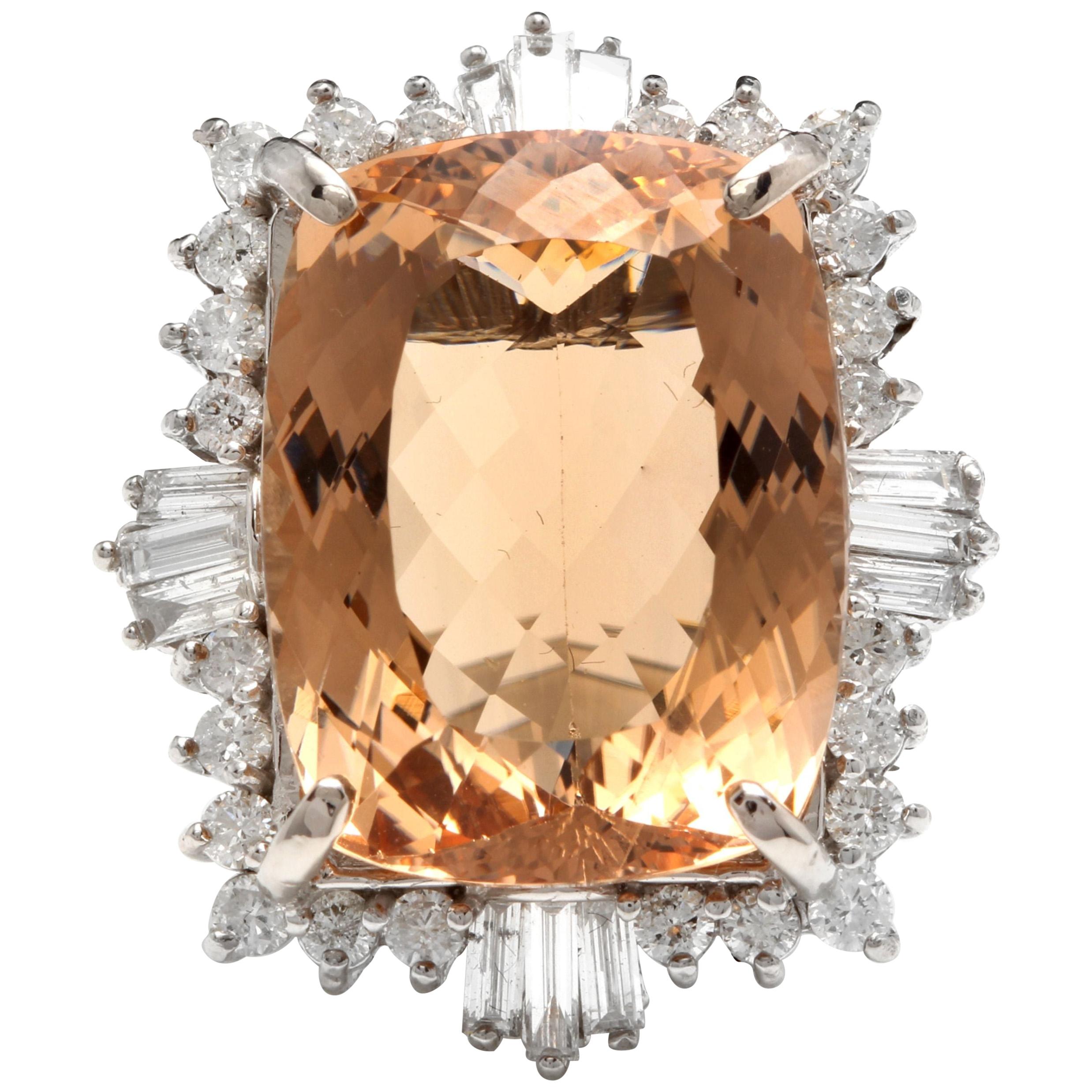 25.00 Carat Impressive Natural Morganite and Diamond 14 Karat Solid Gold Ring For Sale