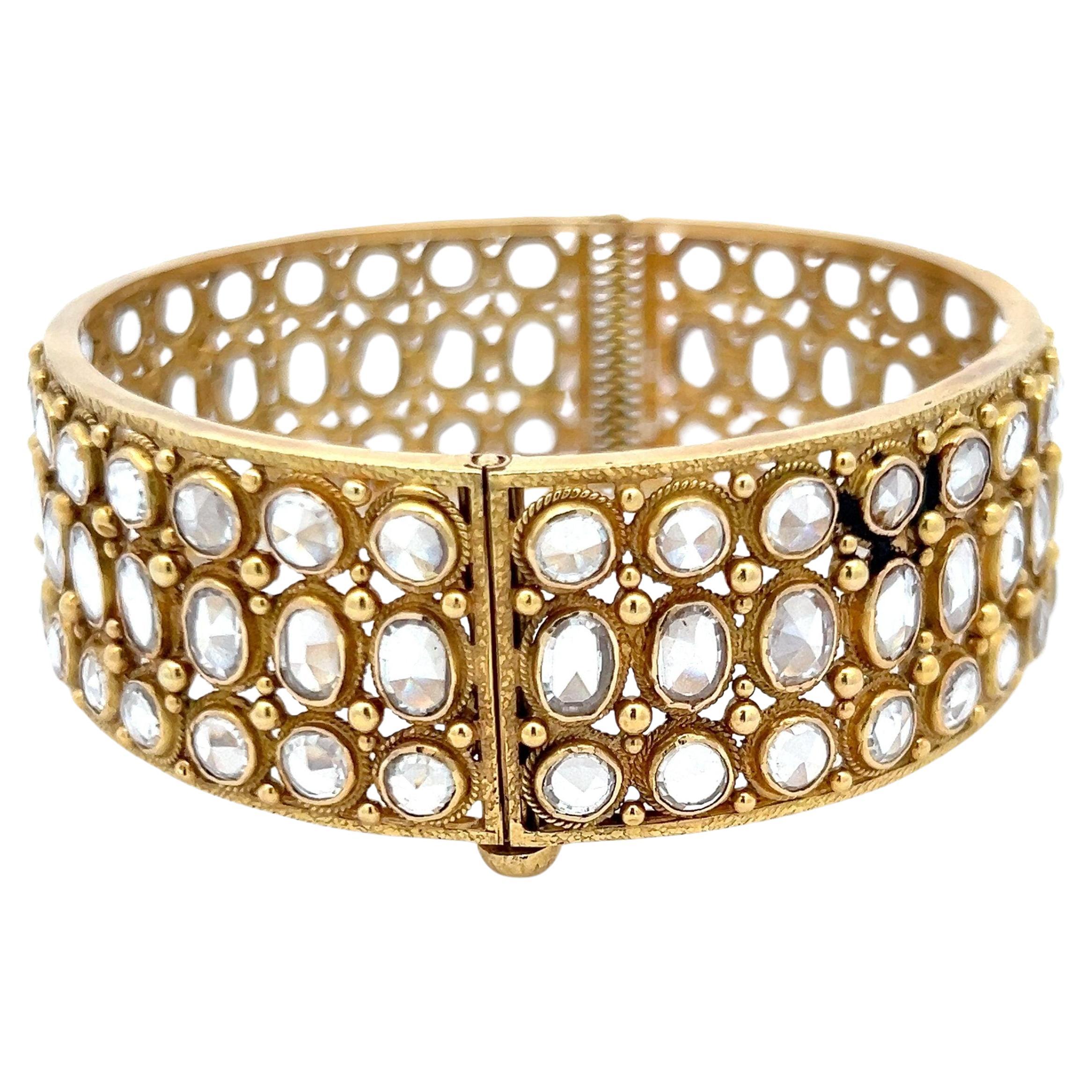 25.00 Carat Rose Cut J SI1 Diamond 18 Karat Yellow Gold Bangle Bracelet For Sale