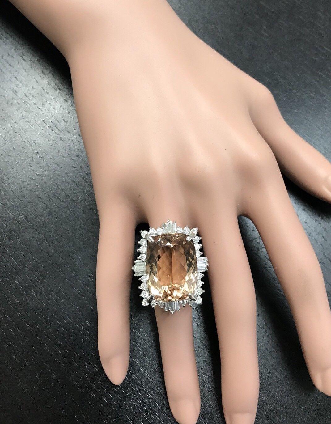 Women's 25.00 Carat Impressive Natural Morganite and Diamond 14 Karat Solid Gold Ring For Sale