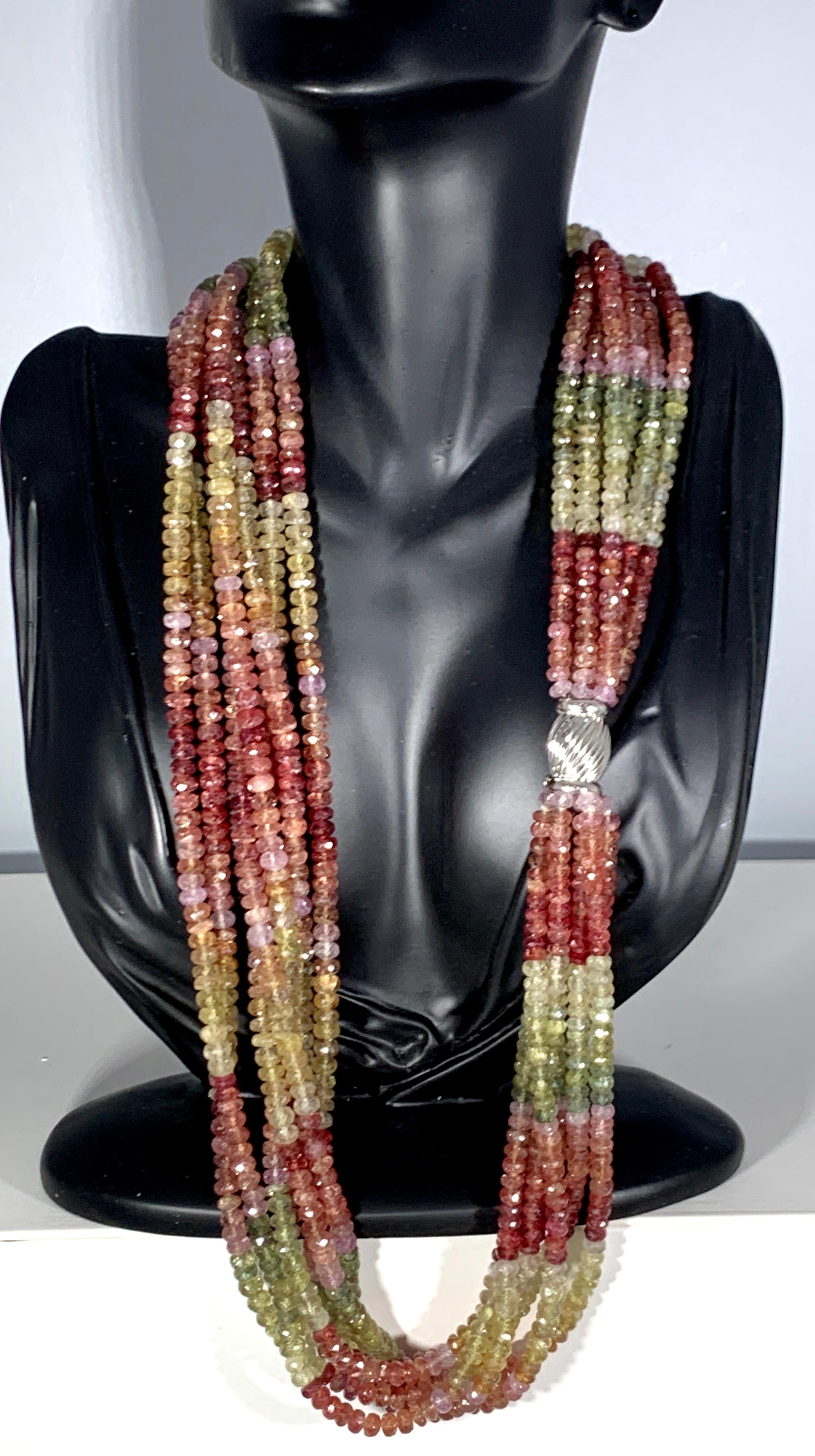 2500 Carat 7 Layer Natural Multi Sapphire Fine Bead Necklace 18 Karat Gold Clasp In Excellent Condition For Sale In New York, NY