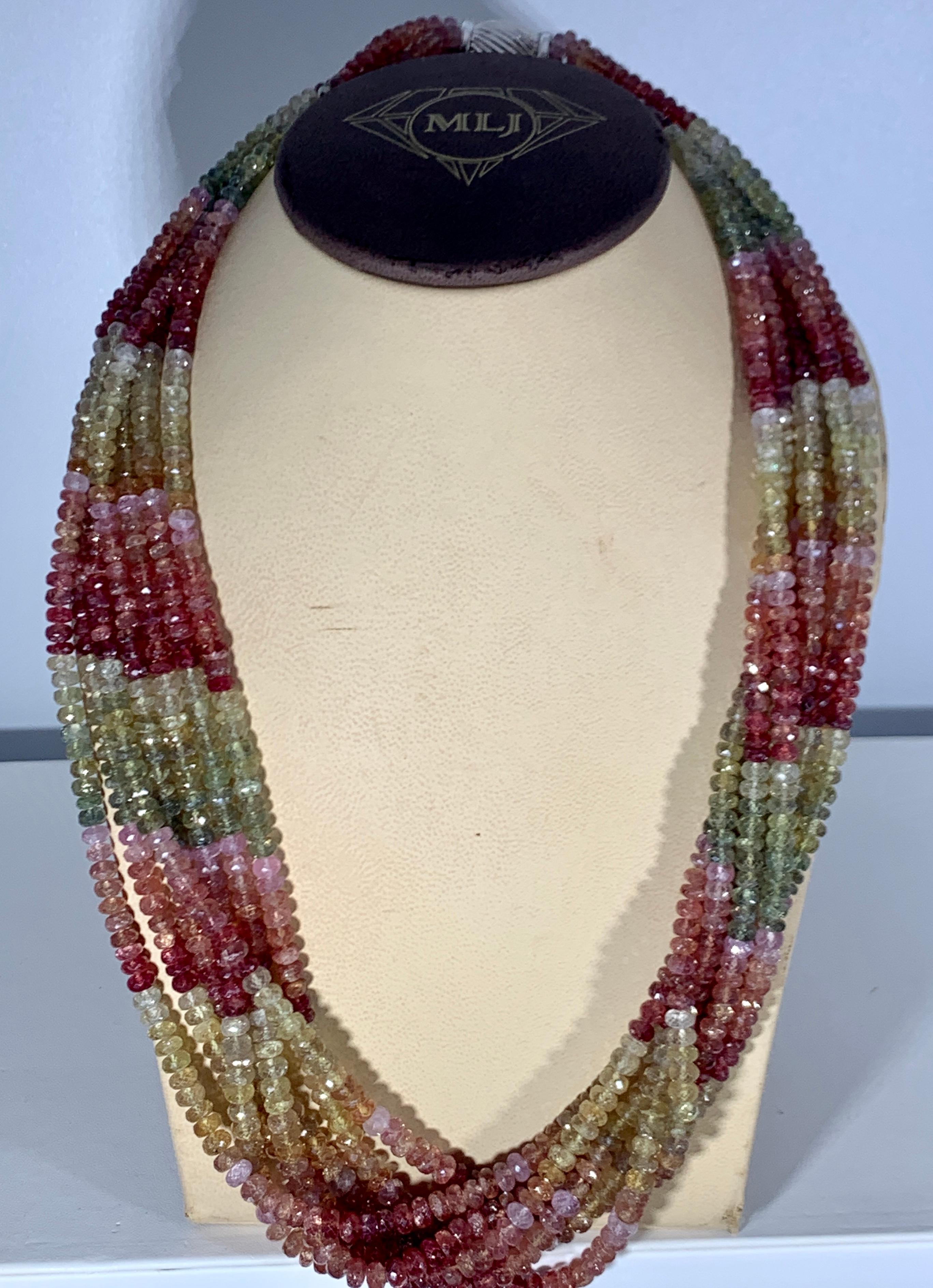 Women's 2500 Carat 7 Layer Natural Multi Sapphire Fine Bead Necklace 18 Karat Gold Clasp For Sale
