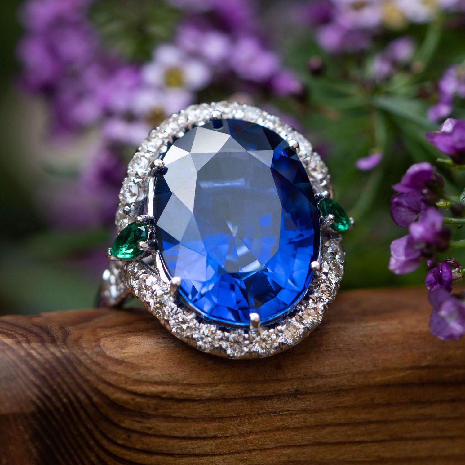History’s most memorable fine jewelry - crowns, scepters, necklaces, and more - all share a common design element: several types of precious stones. Our Juliana Oval Sapphire Ring takes on this clever technique and puts it on stunning display: the