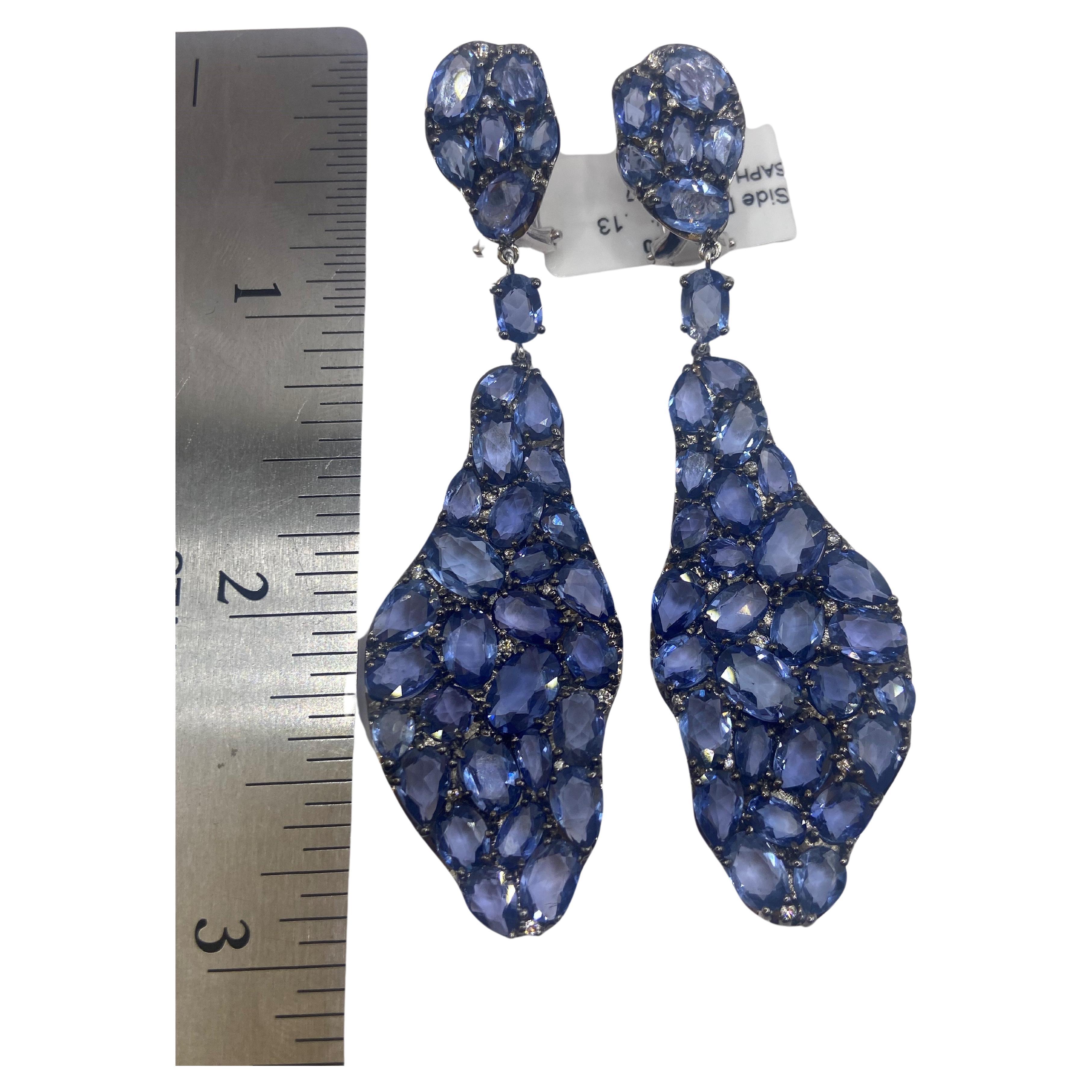 25.00ct Rose Cut Blue Sapphire & Round Diamond Earrings in 18KT White Gold