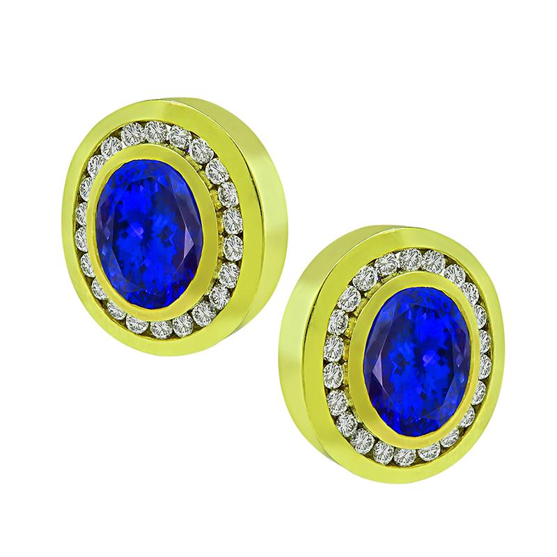 Oval Cut 25.00 Carat Tanzanite 5.00 Carat Diamond Gold Earrings For Sale
