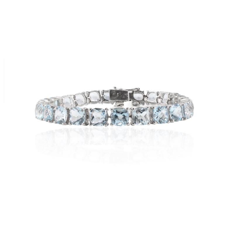 Modern 25.01 Carats Cushion cut Aquamarine Tennis Bracelet Sterling Silver Grandma Gift For Sale