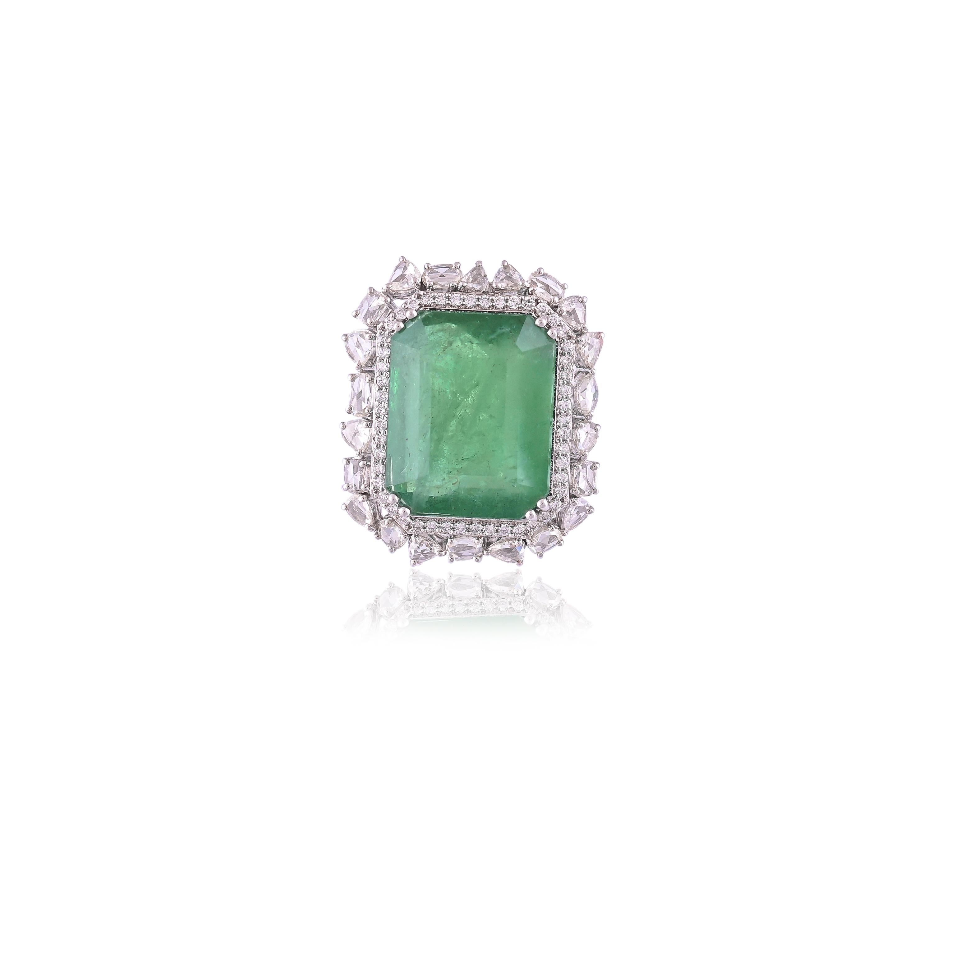 Modern 25.01 Carats, Zambian Emerald & Rose Cut Diamonds Cocktail/ Engagement Ring