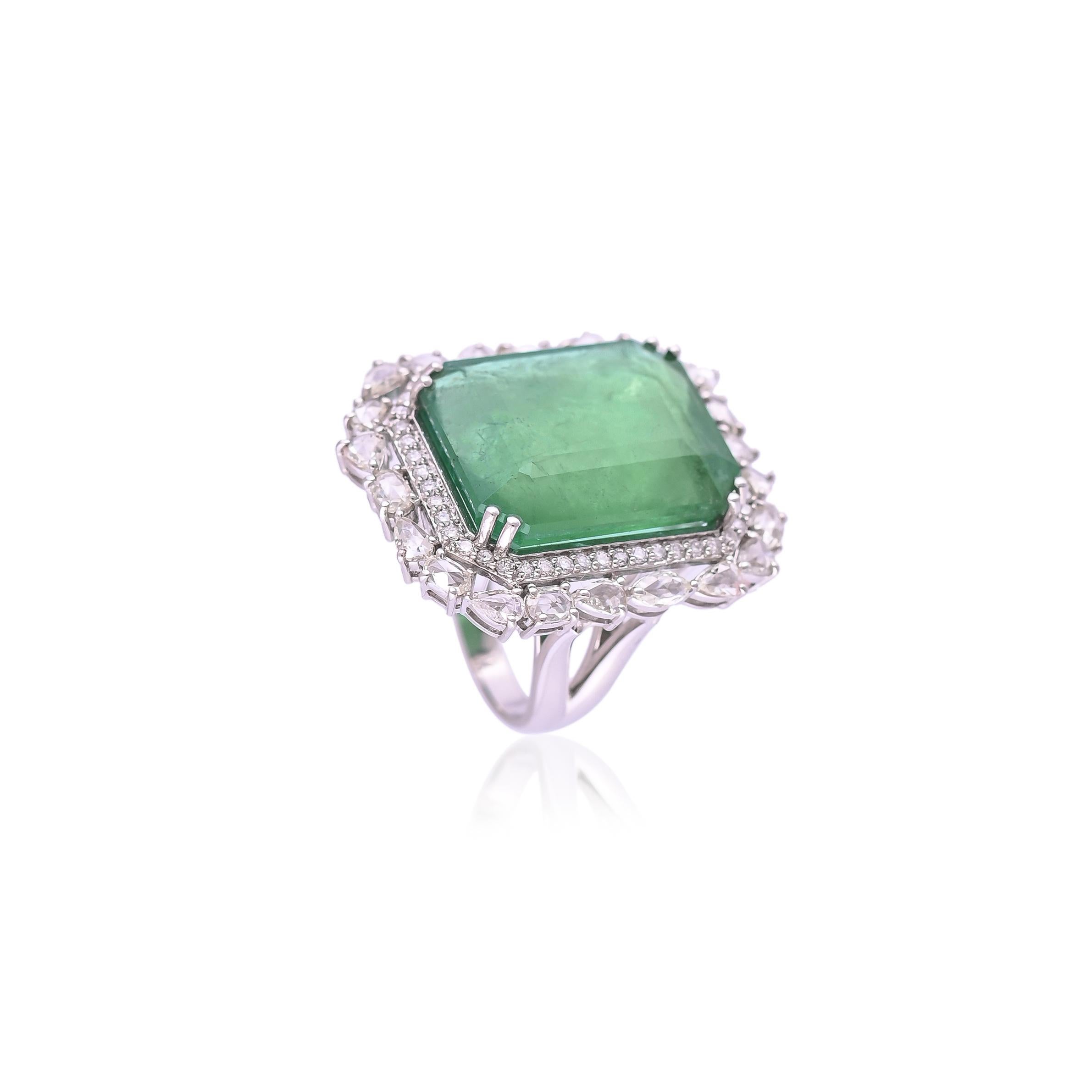 25.01 Carats, Zambian Emerald & Rose Cut Diamonds Cocktail/ Engagement Ring In New Condition In Hong Kong, HK