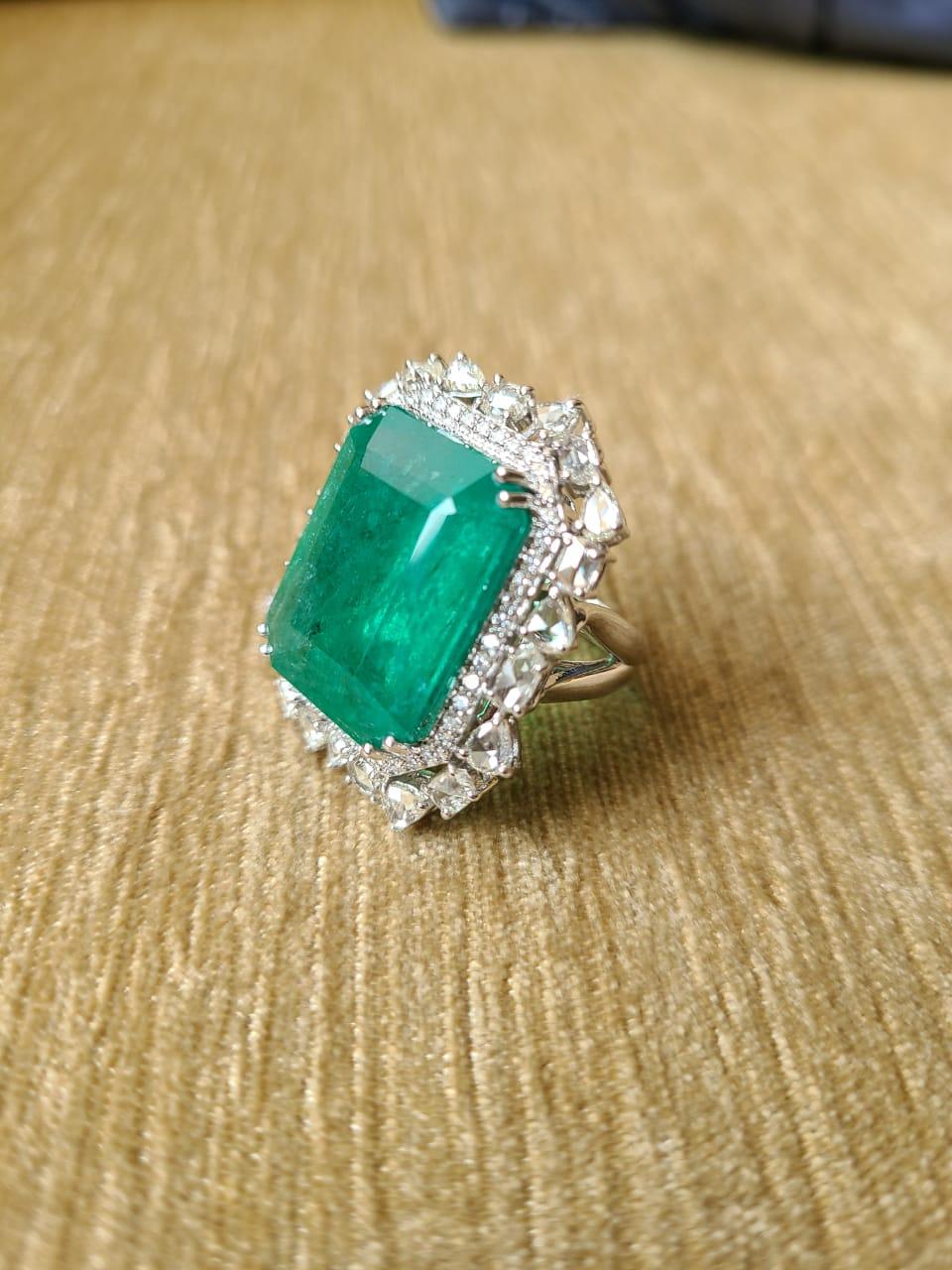 Women's or Men's 25.01 Carats, Zambian Emerald & Rose Cut Diamonds Cocktail/ Engagement Ring