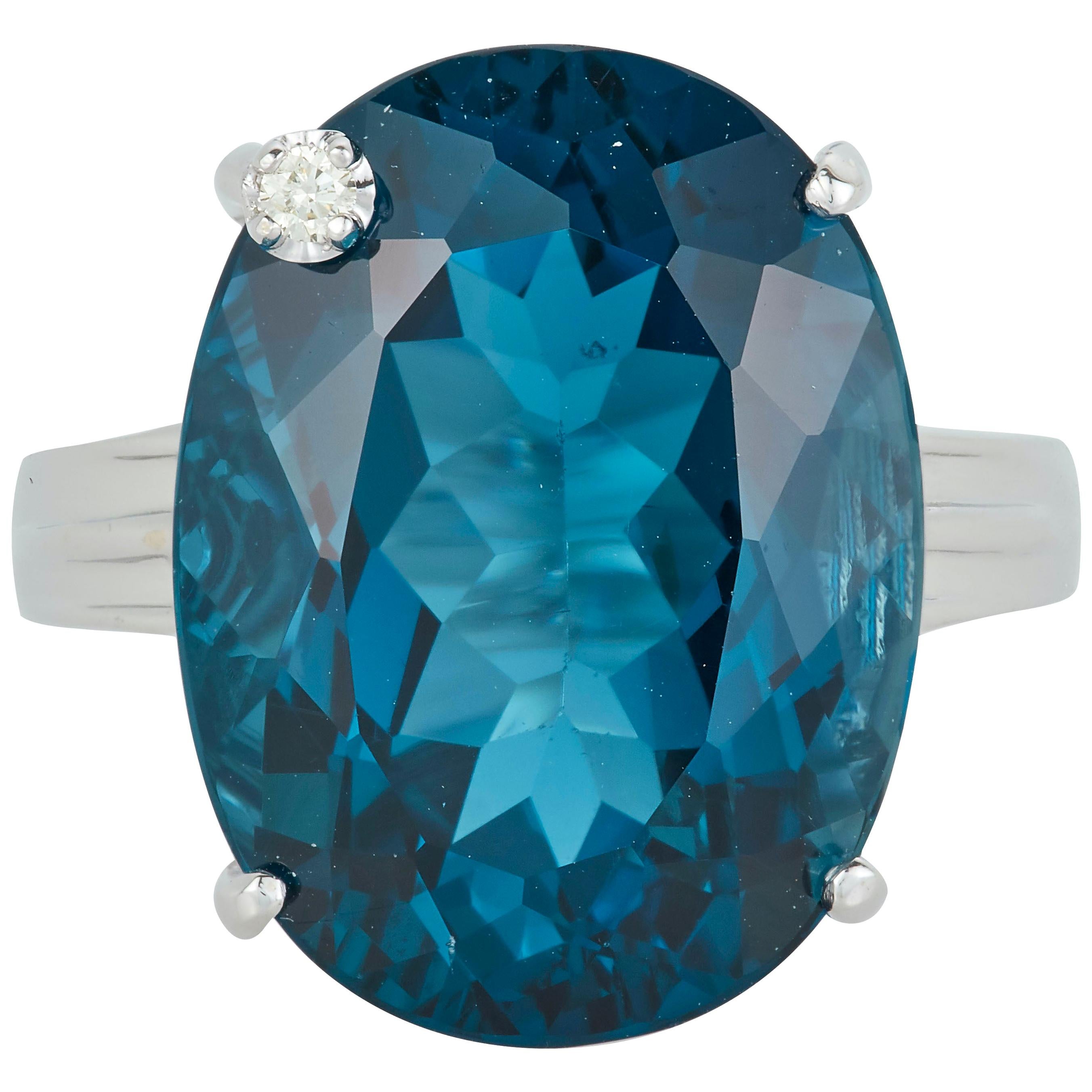 25.06 Carat Oval Blue Topaz Diamond Statement Solitaire Fashion Ring 14K Gold