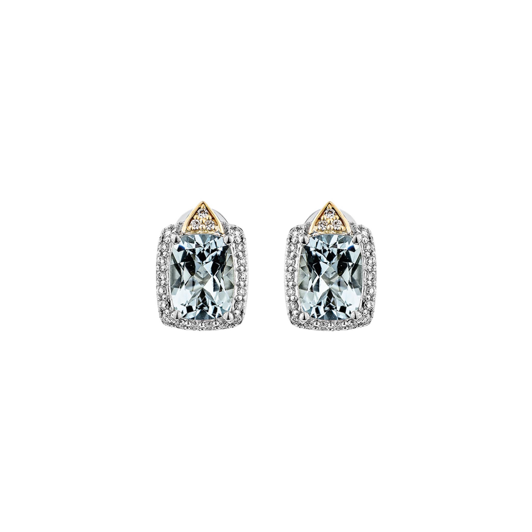 Contemporary 2.507 Carat Aquamarine Stud Earrings in 18KWRG with White Diamond. For Sale