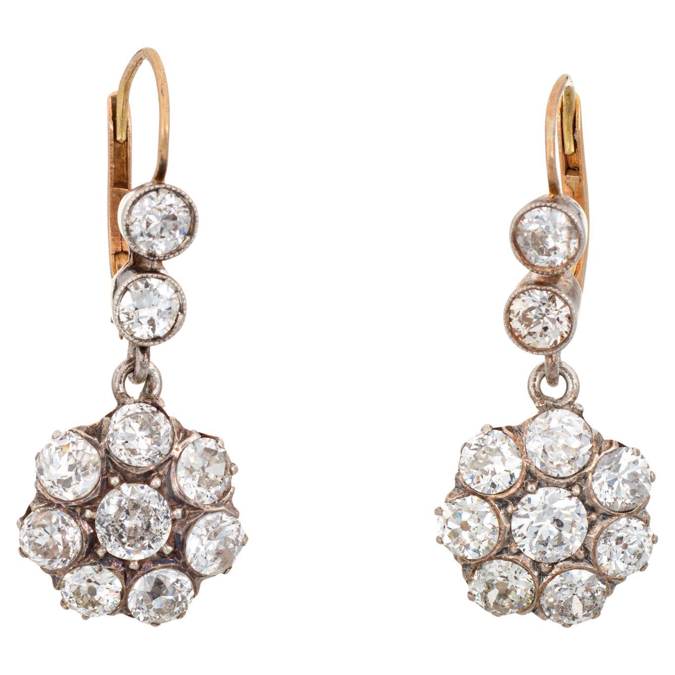 2.50ct Antiguos Pendientes Victorianos de Diamantes en Racimo Oro de 14k Joyas de Plata