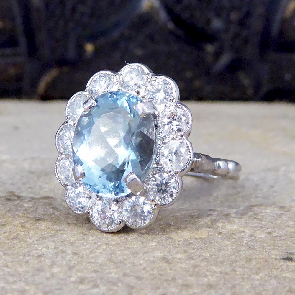 2.50 Carat Aquamarine and Diamond Cluster Ring in 18 Carat White Gold In Good Condition In Yorkshire, West Yorkshire