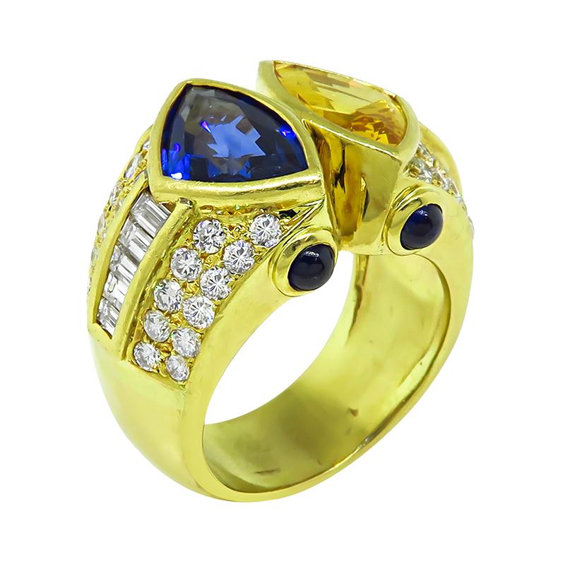 Trillion Cut 2.50ct Blue and Yellow Sapphire 1.75ct Diamond Gold Ring For Sale
