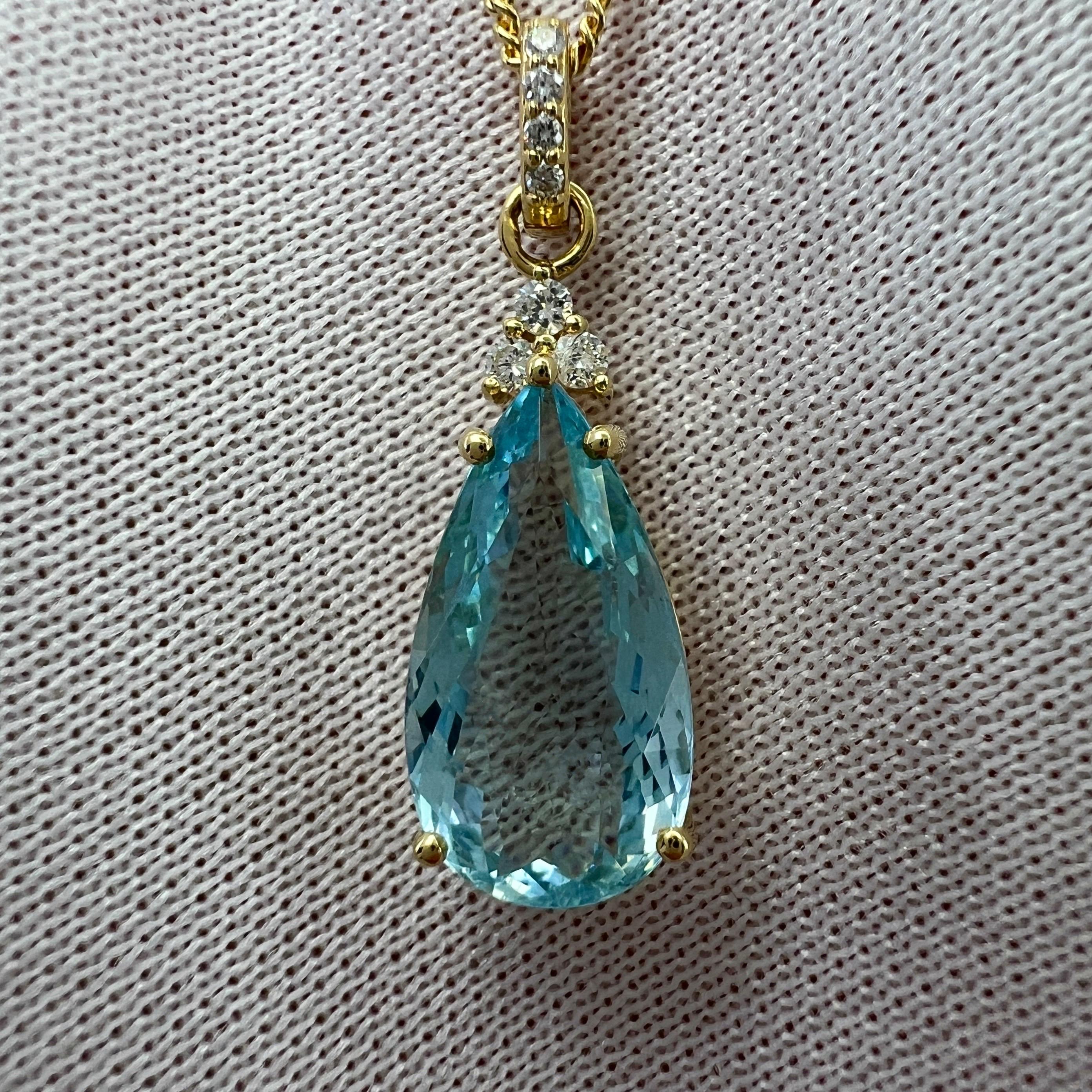 2.50ct Blue Aquamarine & Diamond Pear Cut 18k Yellow Gold Pendant Necklace For Sale 4