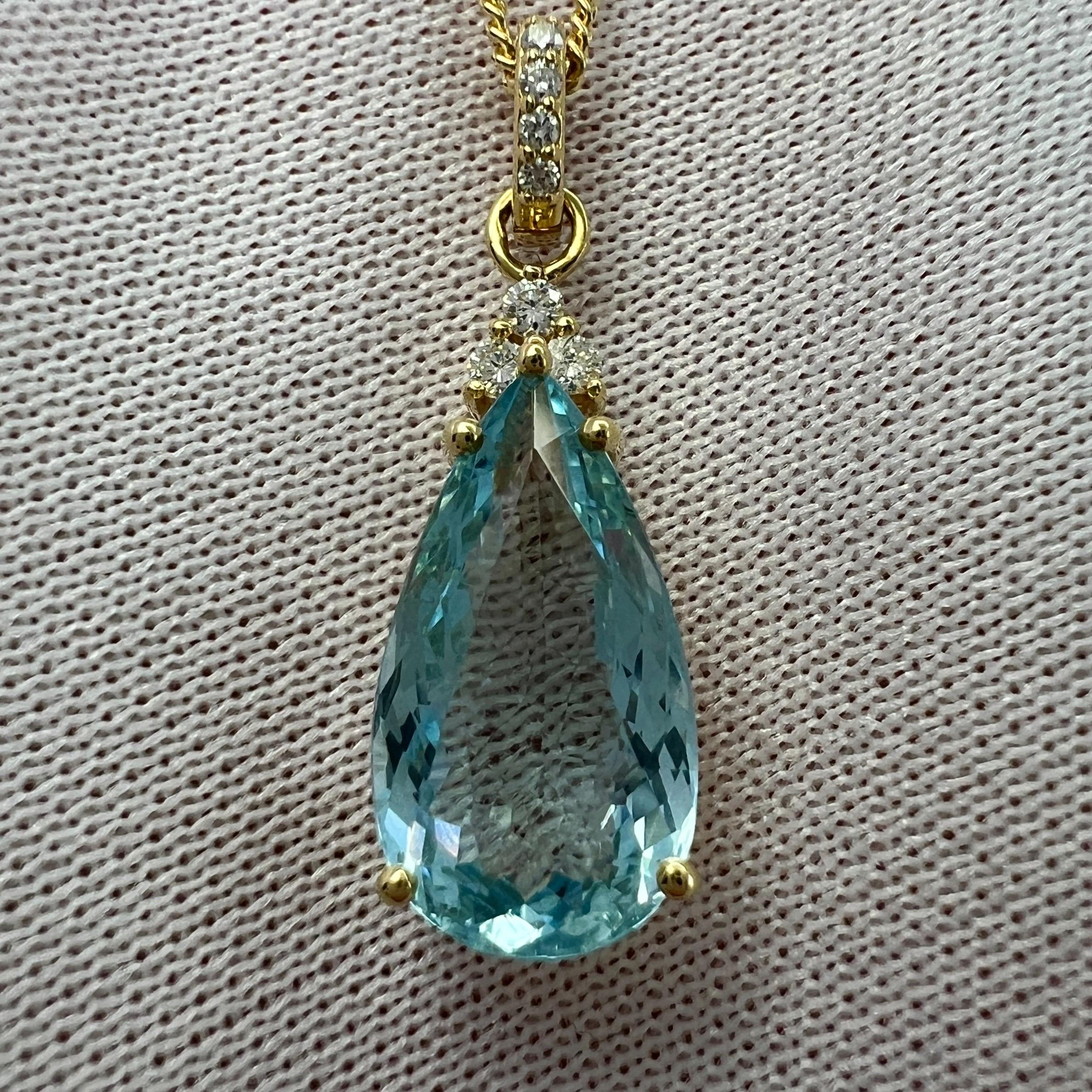 2.50ct Blue Aquamarine & Diamond Pear Cut 18k Yellow Gold Pendant Necklace For Sale 5