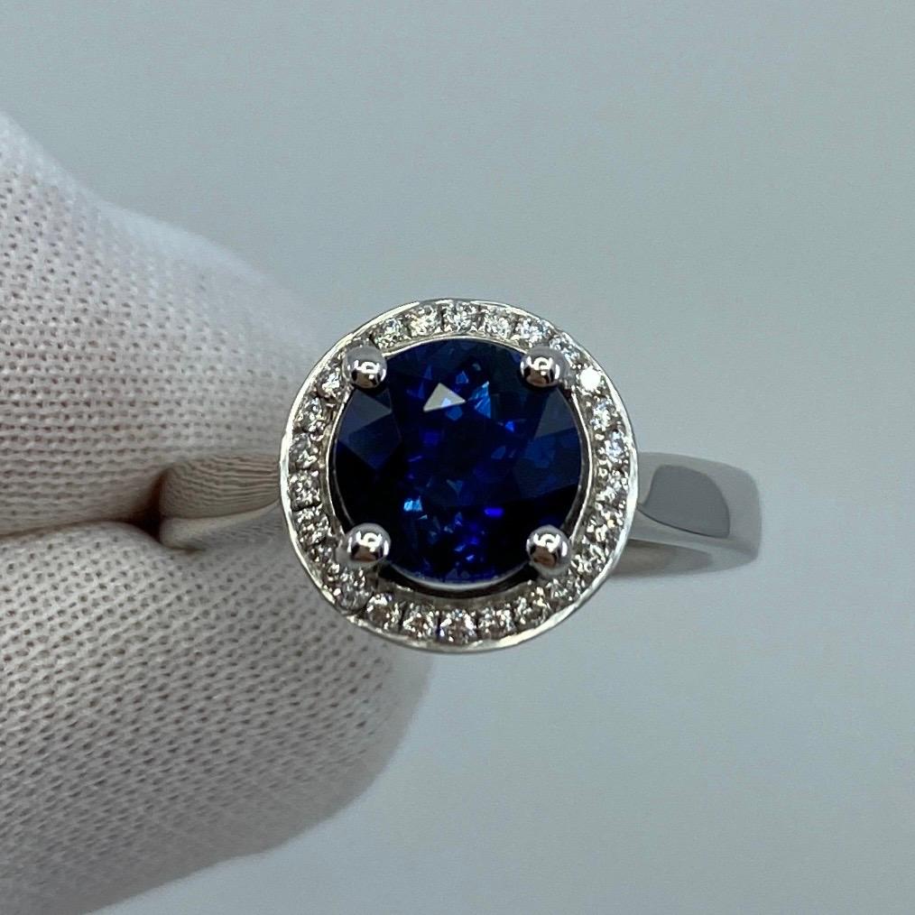Fine Ceylon Blue Sapphire & Diamond 18k White Gold Halo Ring.

2.36 Carat centre Ceylon sapphire with a beautiful deep blue colour and excellent clarity. Sri Lankan in origin, source of some of the finest sapphires in the world.

The sapphire has an