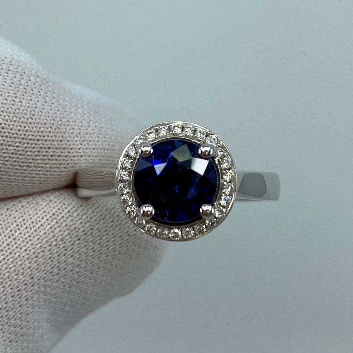 2.50ct Carat Fine Ceylon Blue Sapphire and Diamond 18k White Gold Halo Ring For Sale 2