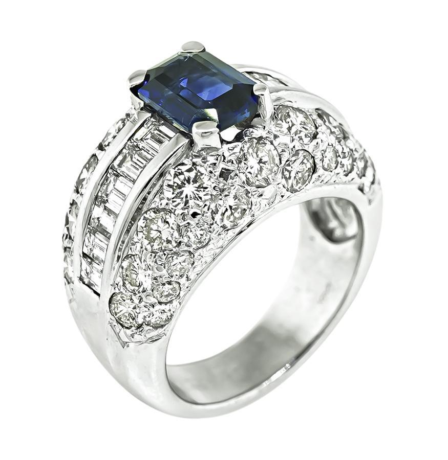 Emerald Cut 2.50ct Diamond 1.64ct Ceylon Sapphire Ring For Sale