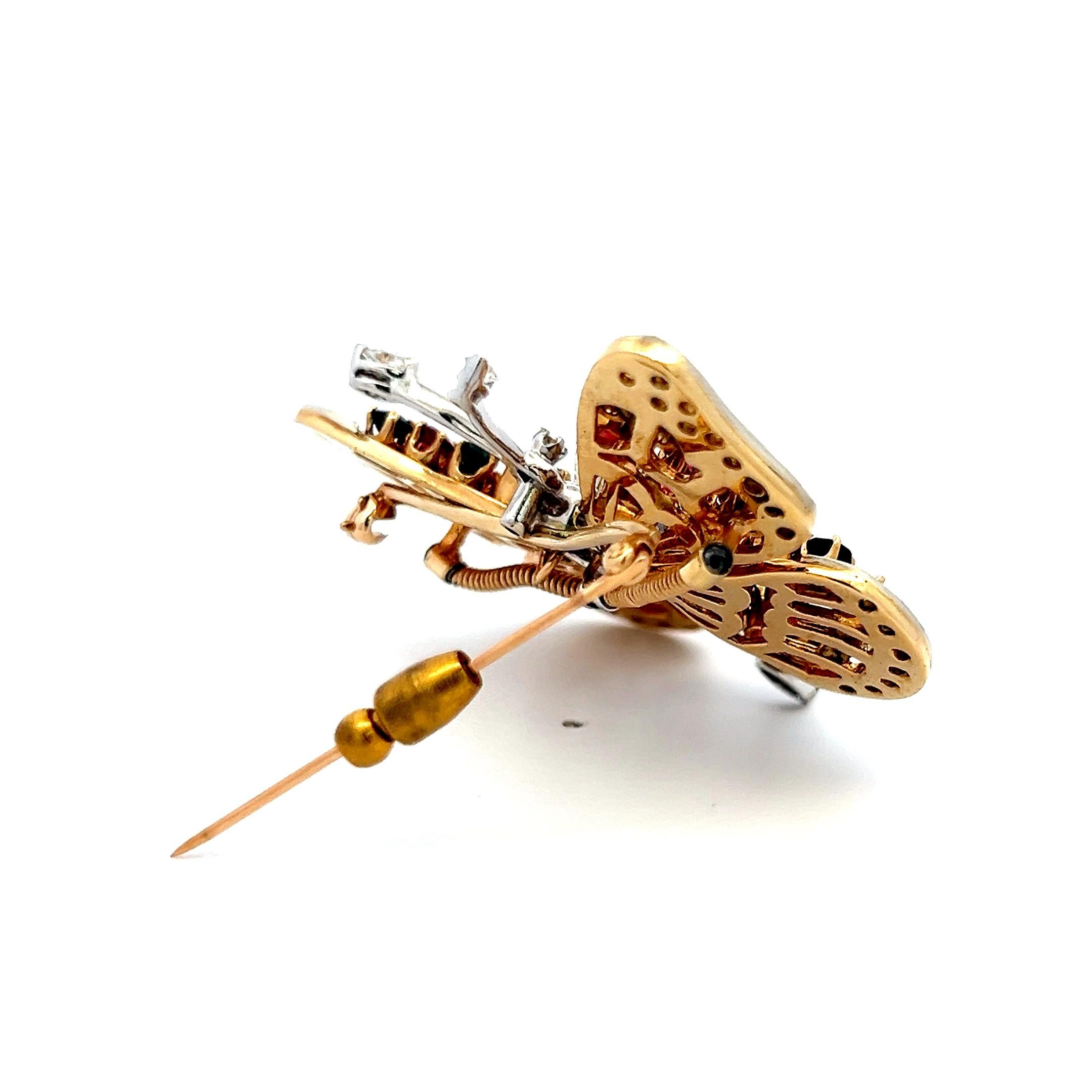 2,50ct Diamant, 2,40ct Saphir & 1,30ct Rubin Zweifarbige 14K Gold Pin Brosche (Alteuropäischer Schliff) im Angebot