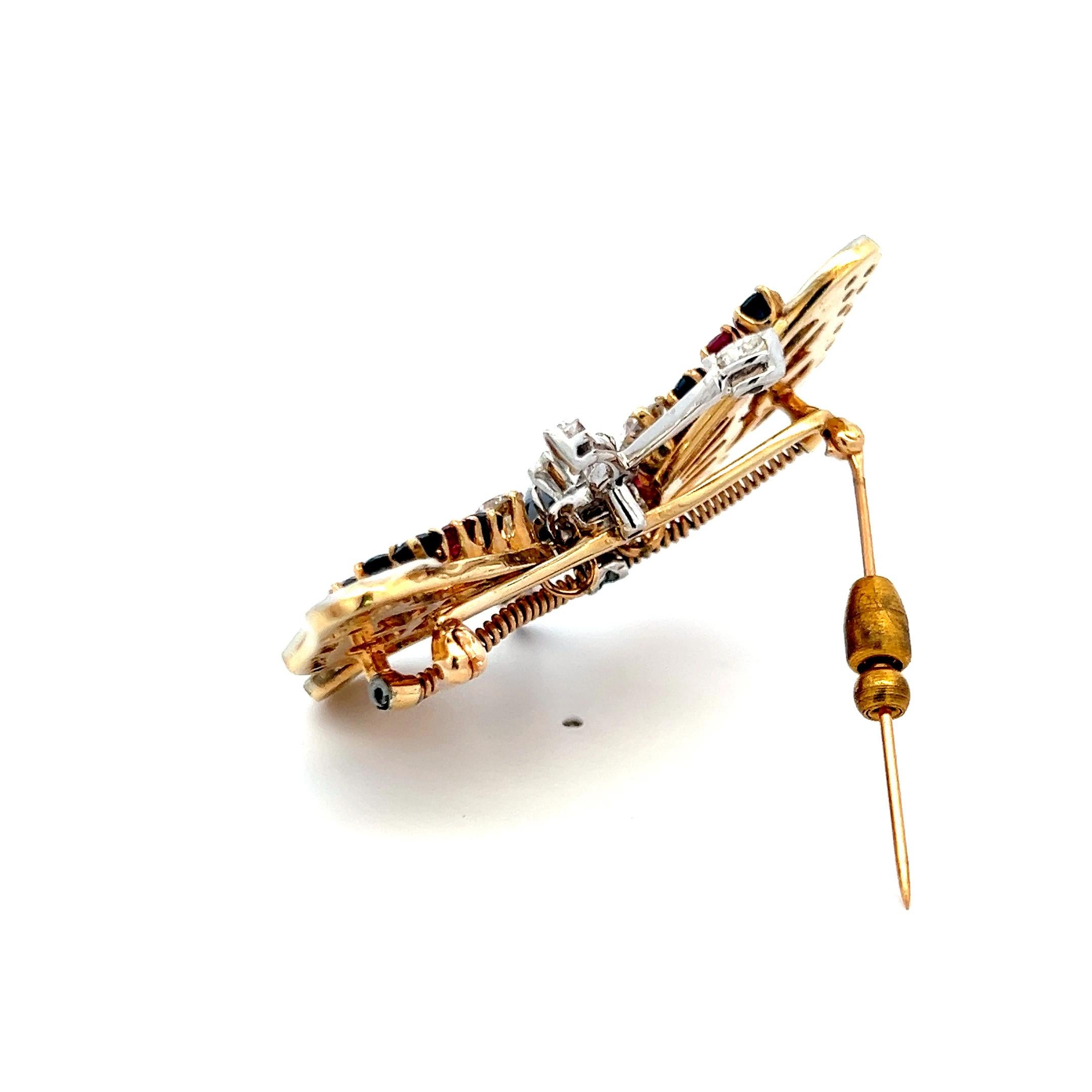 2,50ct Diamant, 2,40ct Saphir & 1,30ct Rubin Zweifarbige 14K Gold Pin Brosche im Zustand „Gut“ im Angebot in New York, NY