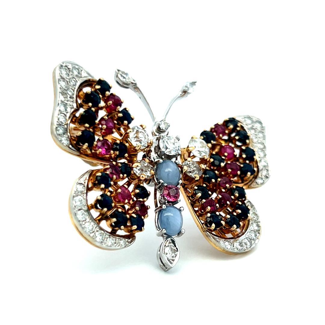 2,50ct Diamant, 2,40ct Saphir & 1,30ct Rubin Zweifarbige 14K Gold Pin Brosche im Angebot 2