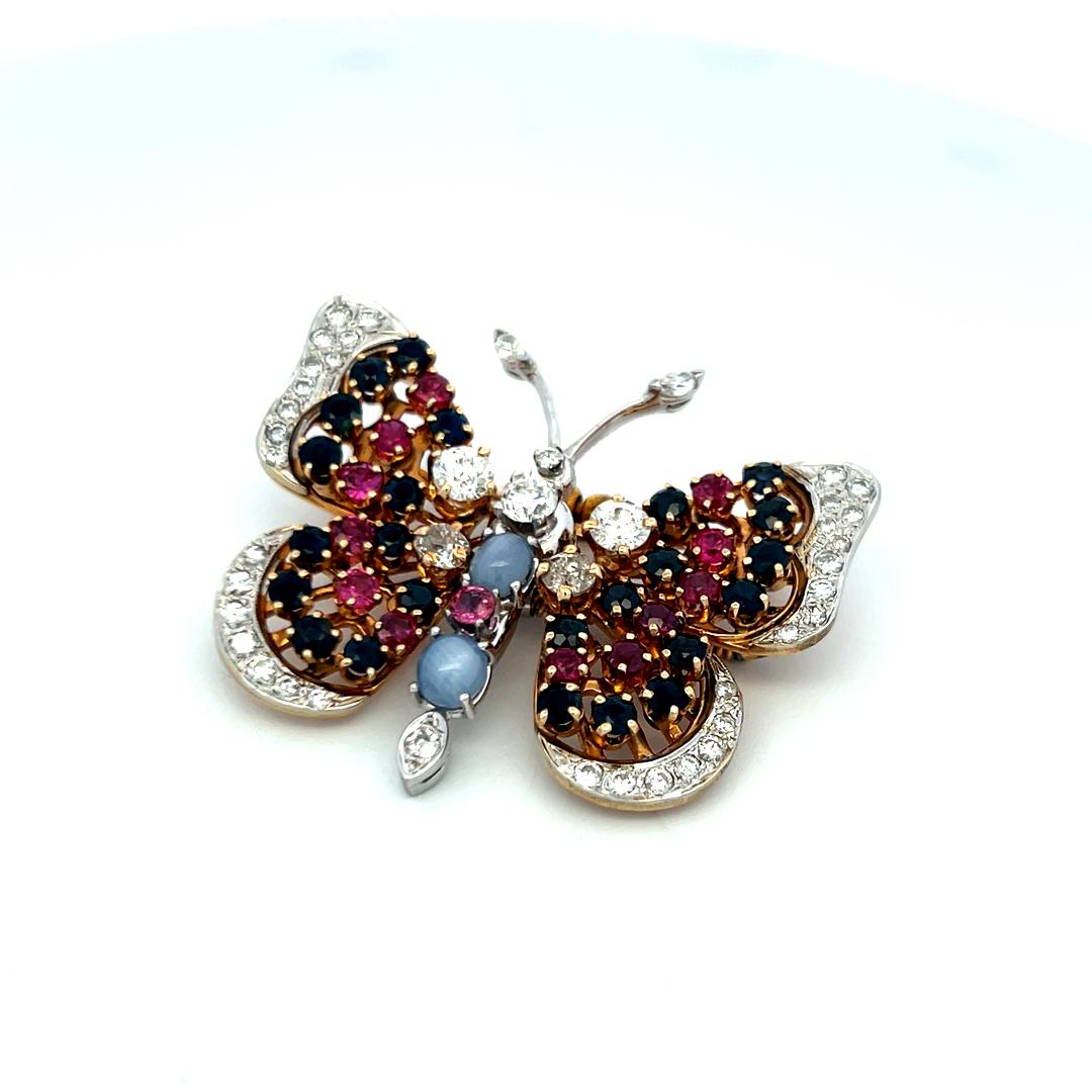 2,50ct Diamant, 2,40ct Saphir & 1,30ct Rubin Zweifarbige 14K Gold Pin Brosche im Angebot 3