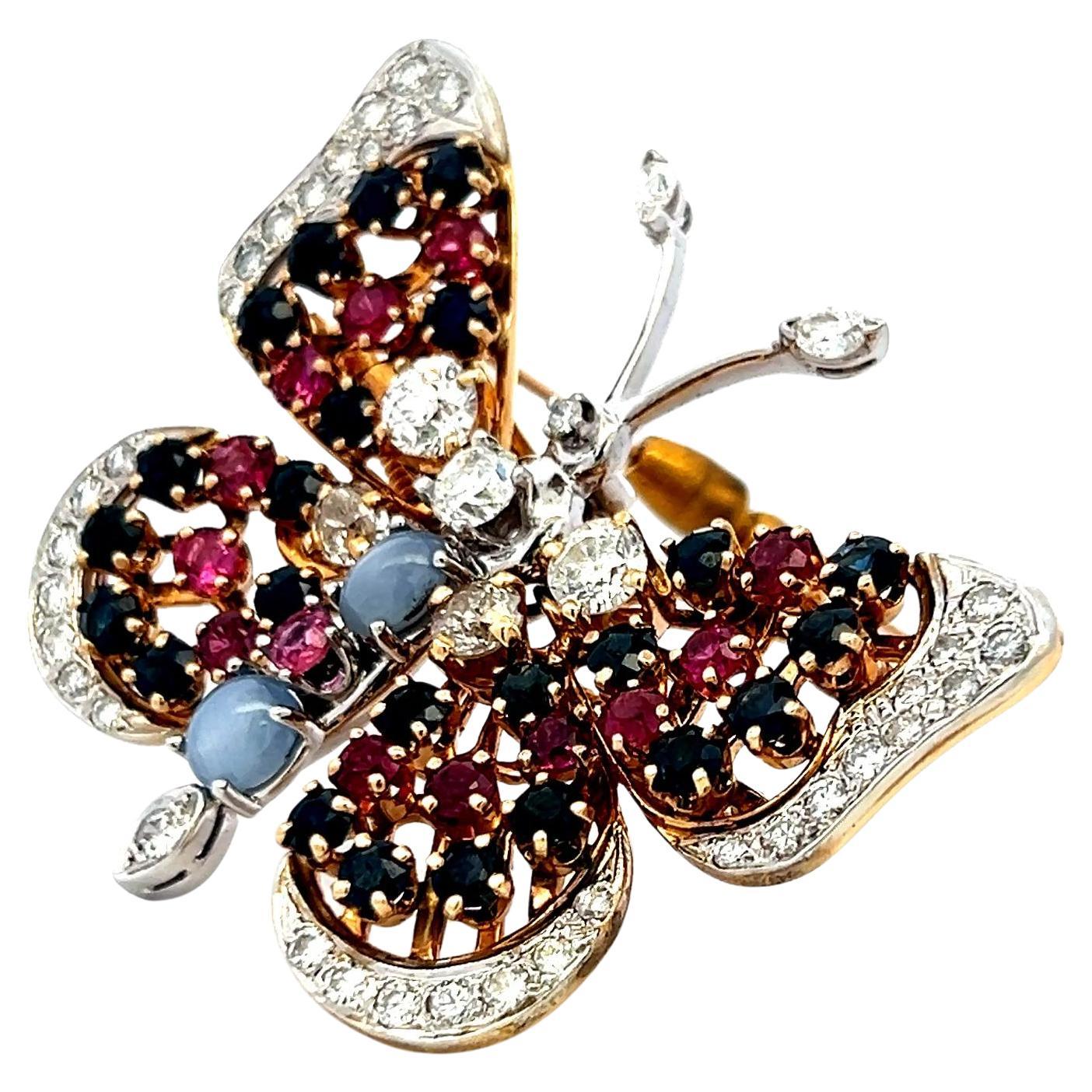Broche en or 14K bicolore de 2,50 carats de diamant, 2,40 carats de saphir et 1,30 carat de rubis