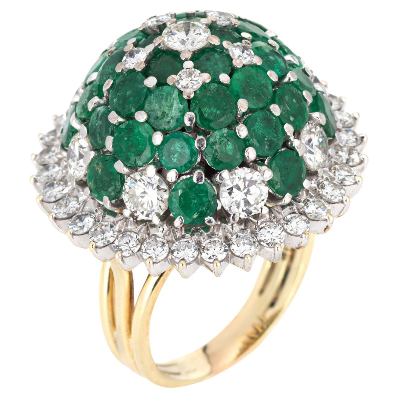 2.50ct Diamond Emerald Dome Ring 60s Vintage 18k Gold Sz 6.75 Cocktail Jewelry For Sale