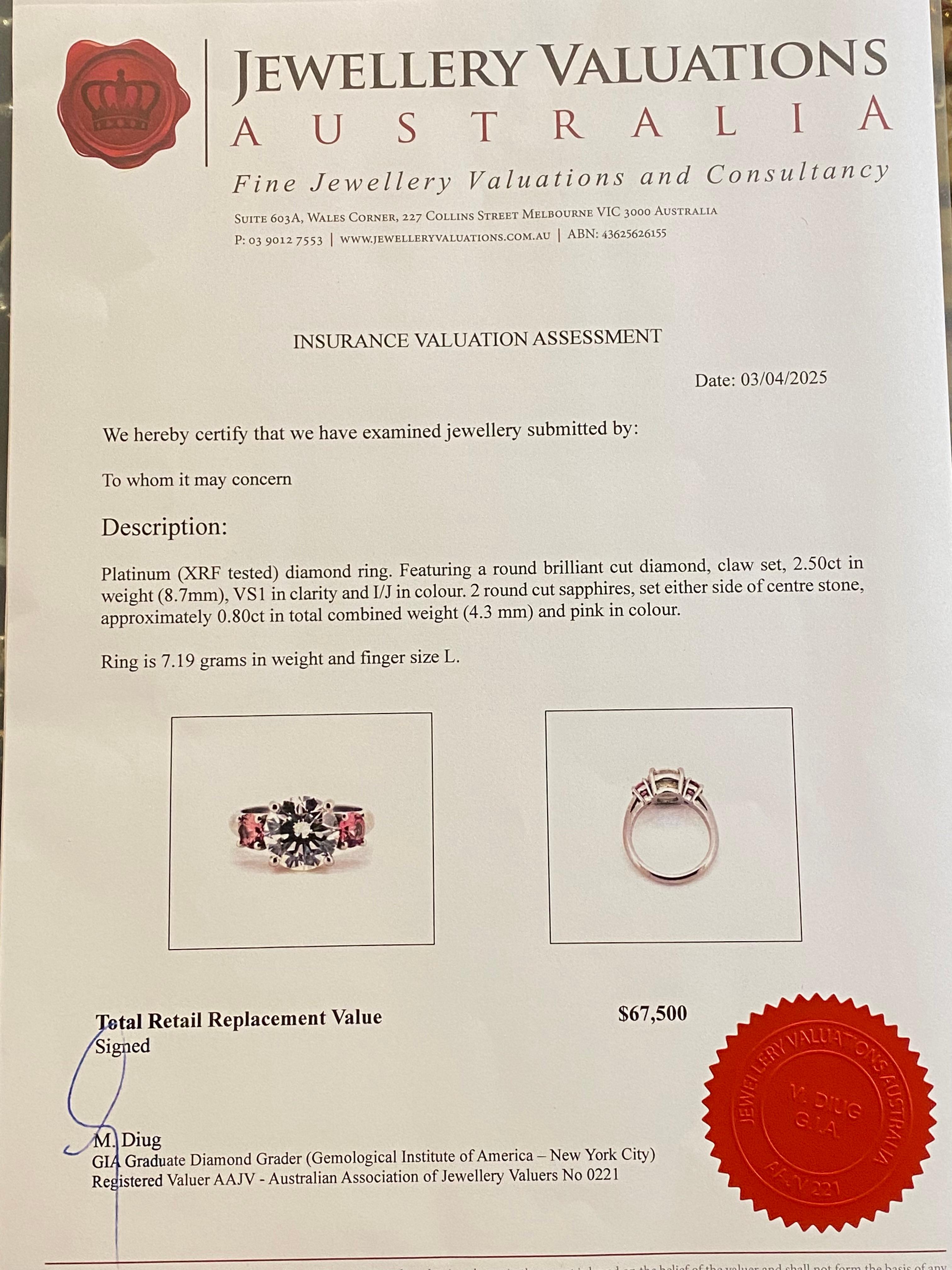 2.50ct Diamond (Triple X) & Pink Sapphire 3-Stone Trilogy Ring in Platinum 950. For Sale 8