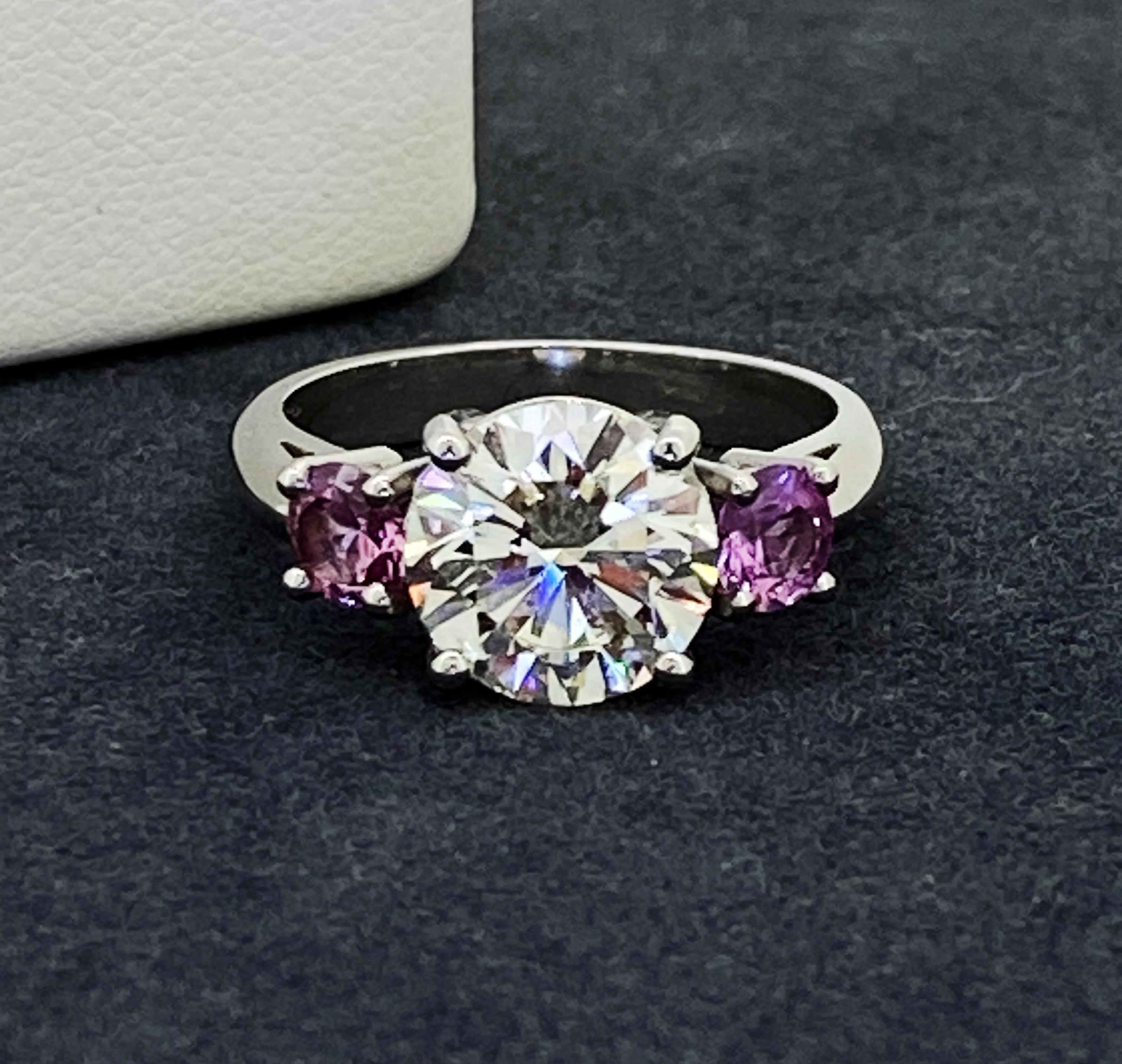 Round Cut 2.50ct Diamond (Triple X) & Pink Sapphire 3-Stone Trilogy Ring in Platinum 950. For Sale