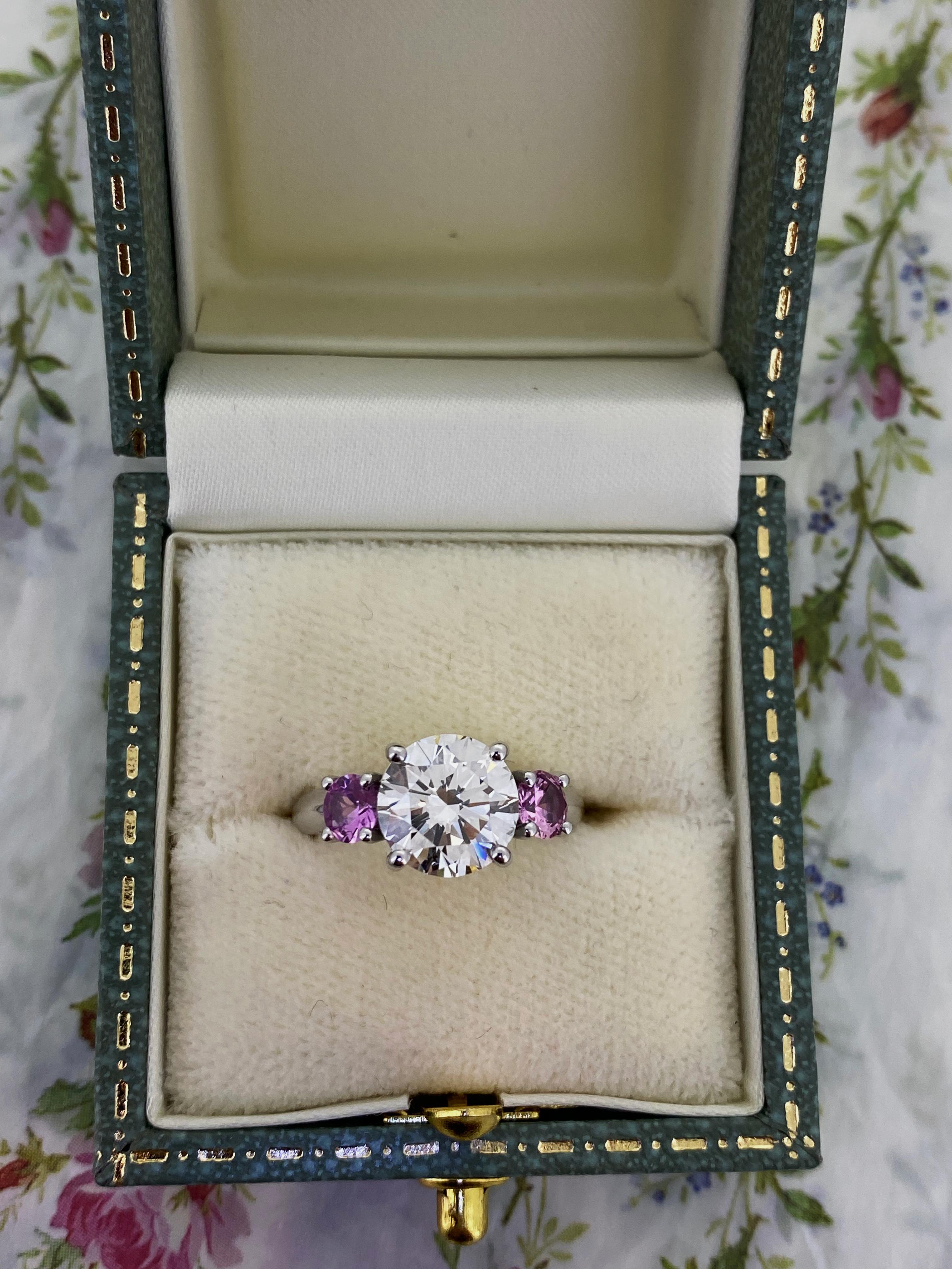 Women's 2.50ct Diamond (Triple X) & Pink Sapphire 3-Stone Trilogy Ring in Platinum 950. For Sale