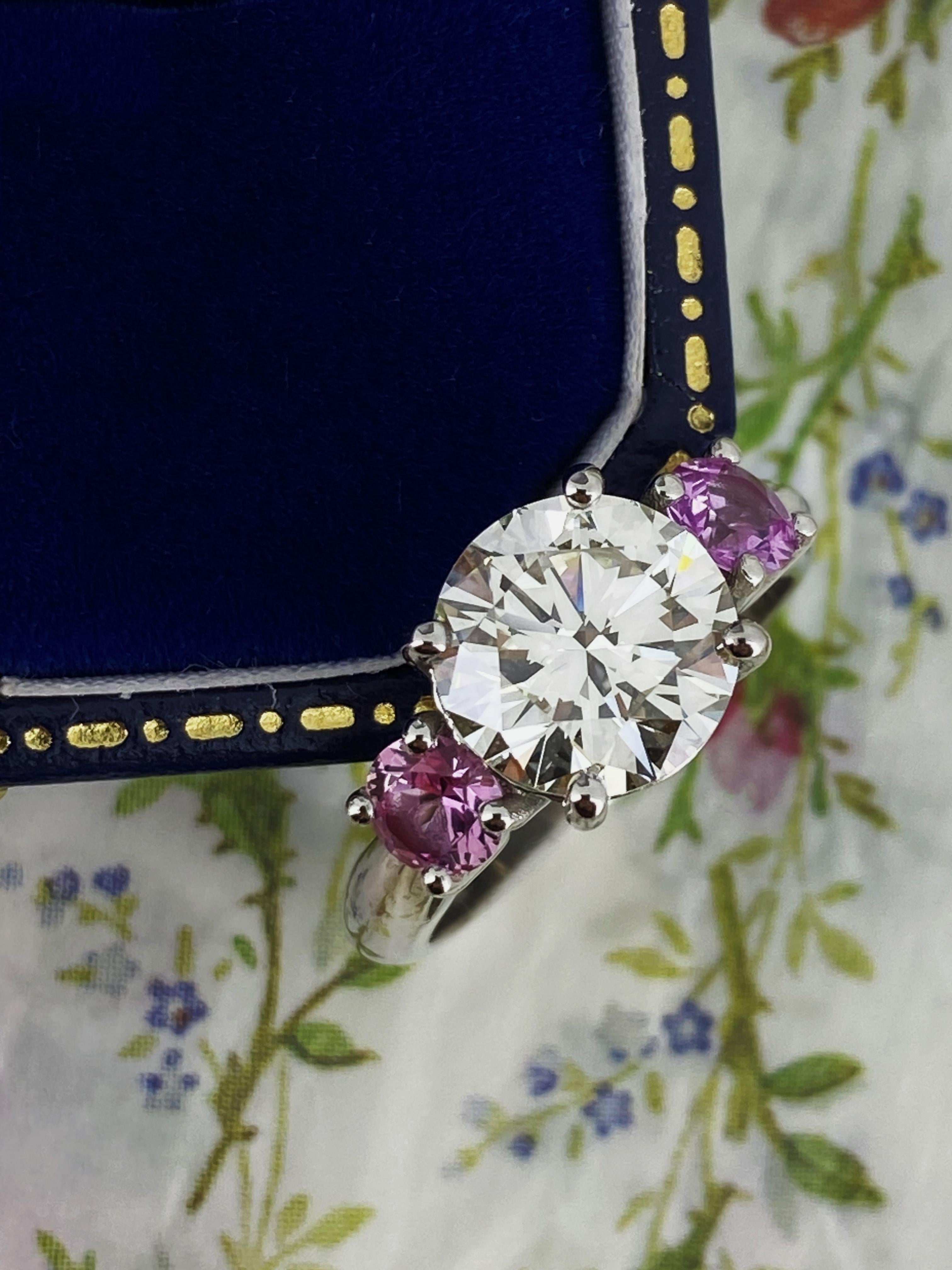 2.50ct Diamond (Triple X) & Pink Sapphire 3-Stone Trilogy Ring in Platinum 950. For Sale 4