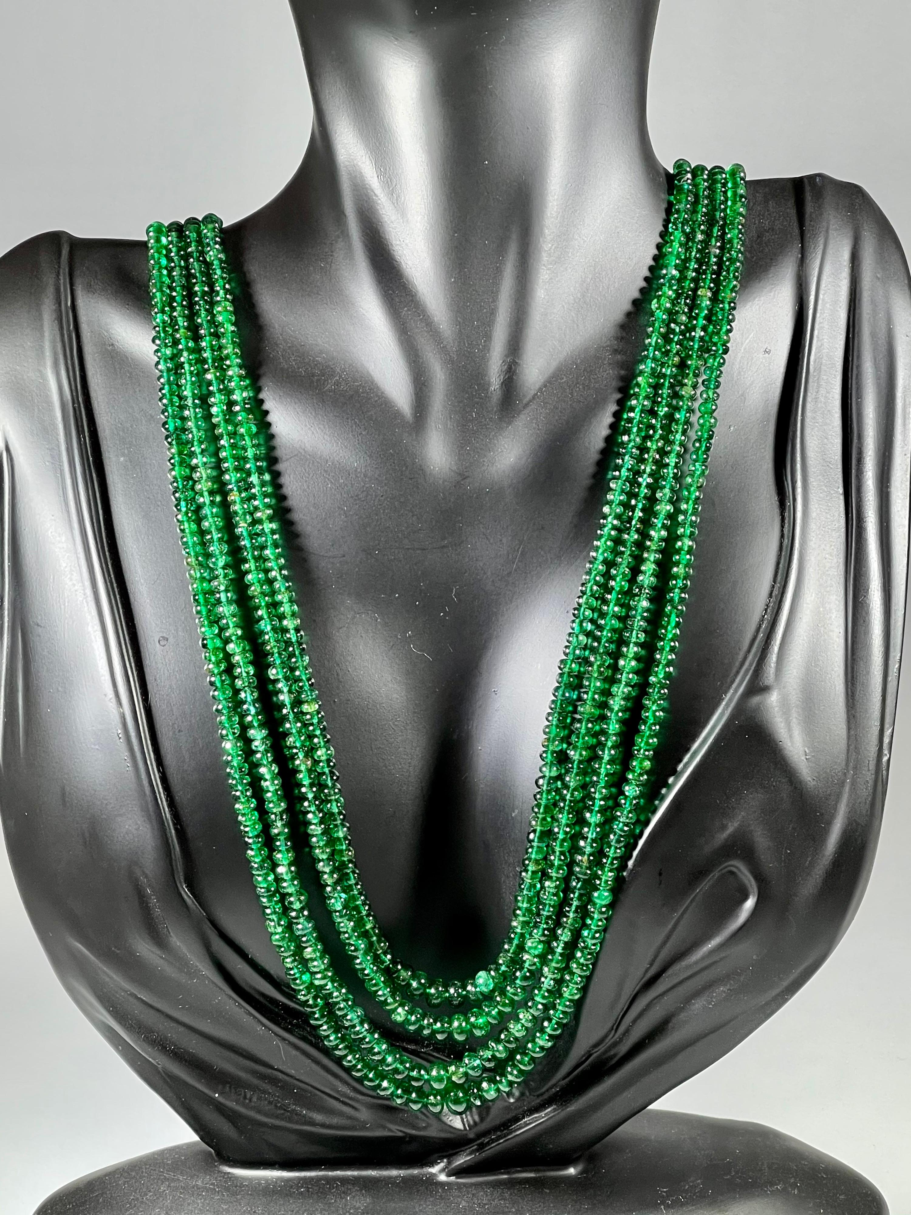 250ct Fine Emerald Beads 4 Line Necklace with 14 Kt Yellow Gold Clasp Adjustable For Sale 3