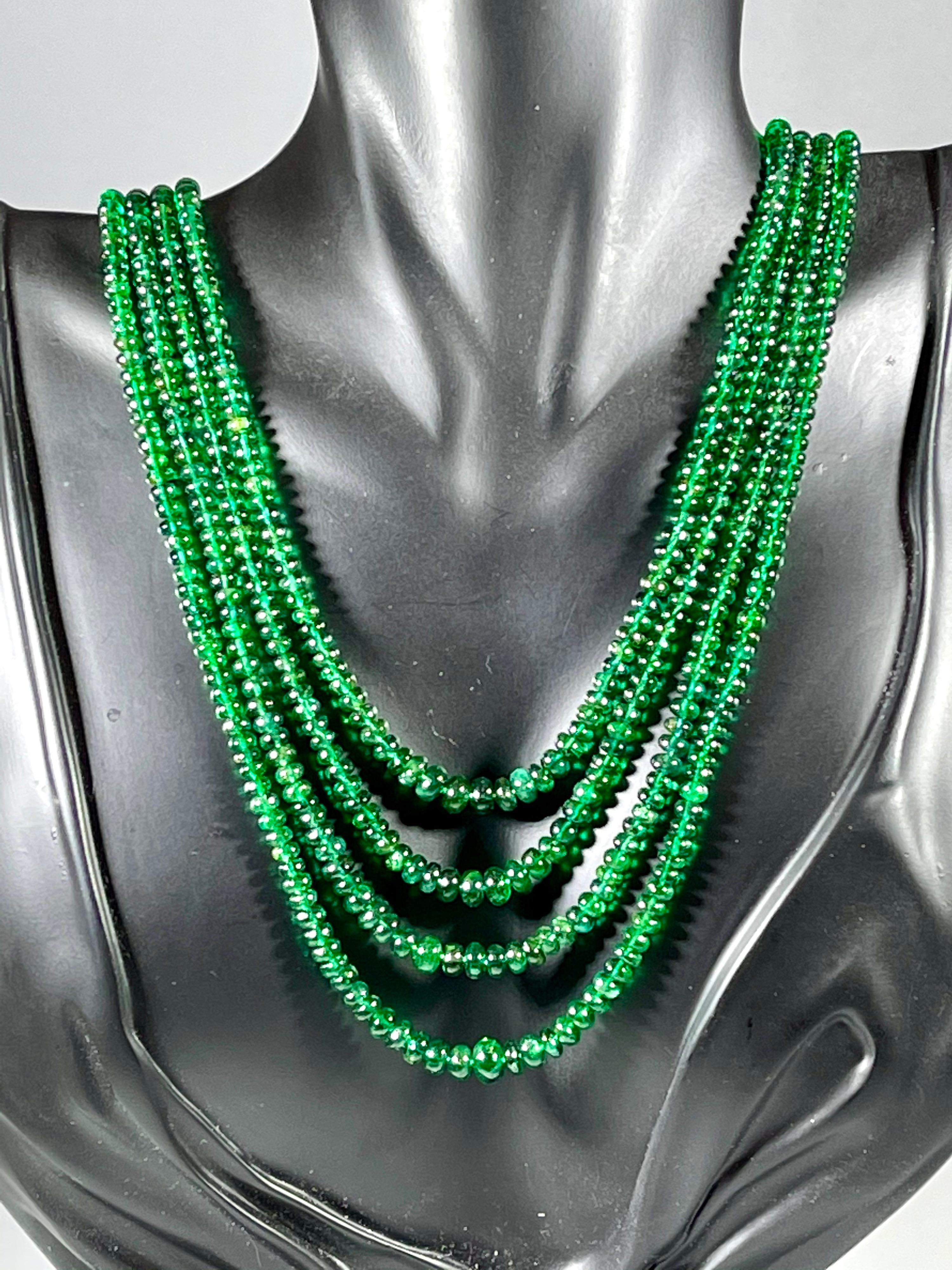 250ct Fine Emerald Beads 4 Line Necklace with 14 Kt Yellow Gold Clasp Adjustable For Sale 4