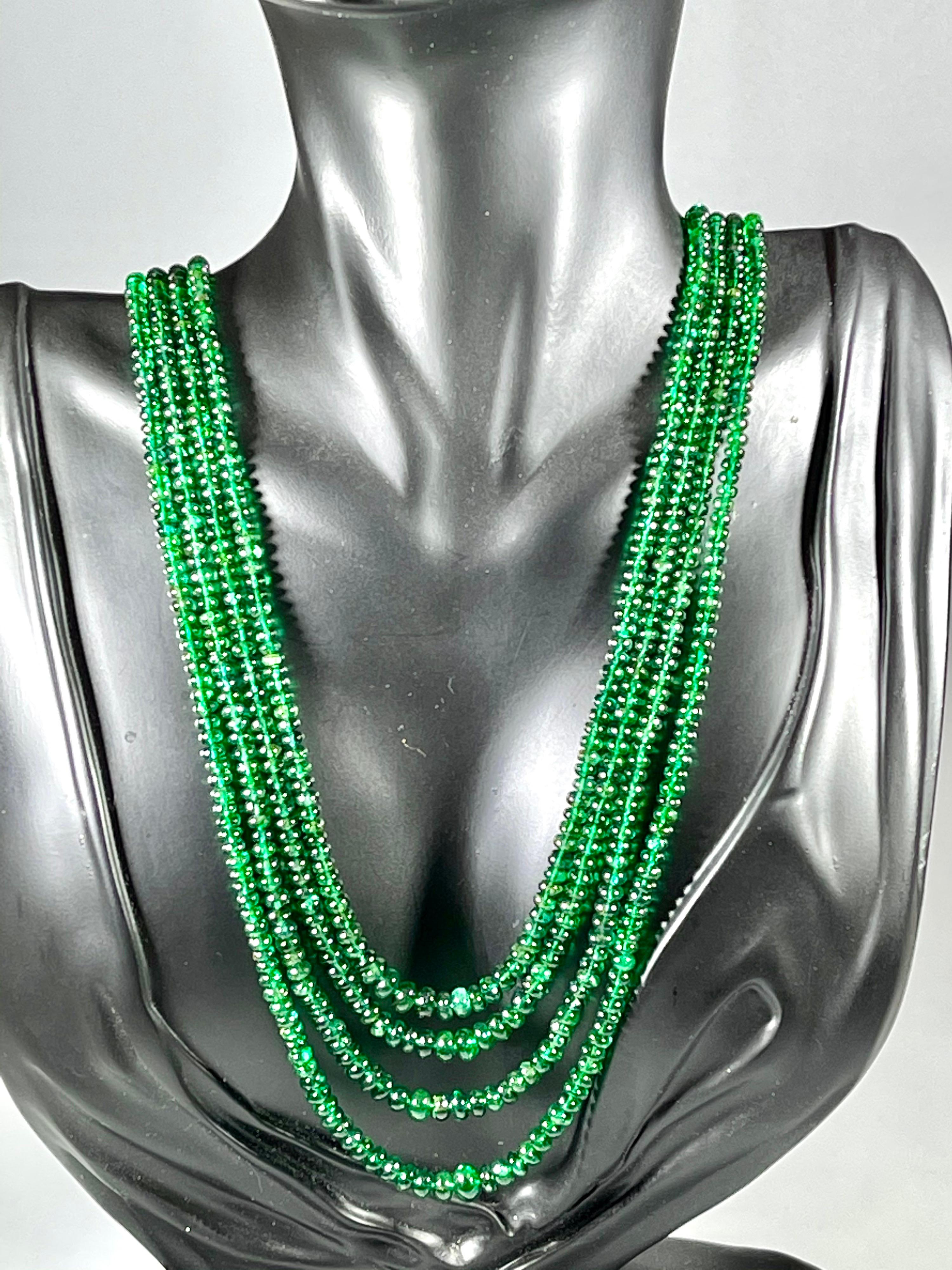 250ct Fine Emerald Beads 4 Line Necklace with 14 Kt Yellow Gold Clasp Adjustable For Sale 5