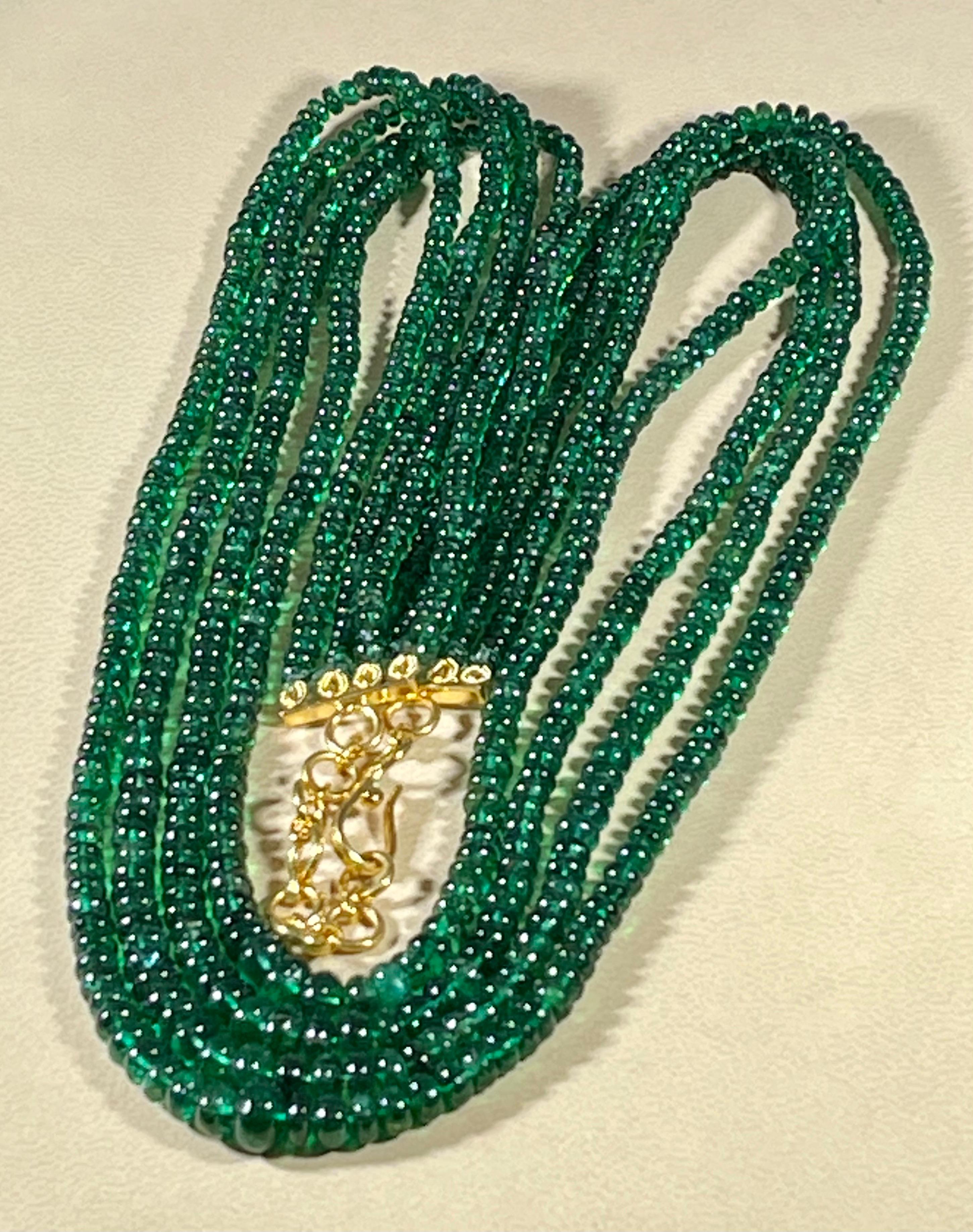 250ct Fine Emerald Beads 4 Line Necklace with 14 Kt Yellow Gold Clasp Adjustable For Sale 6