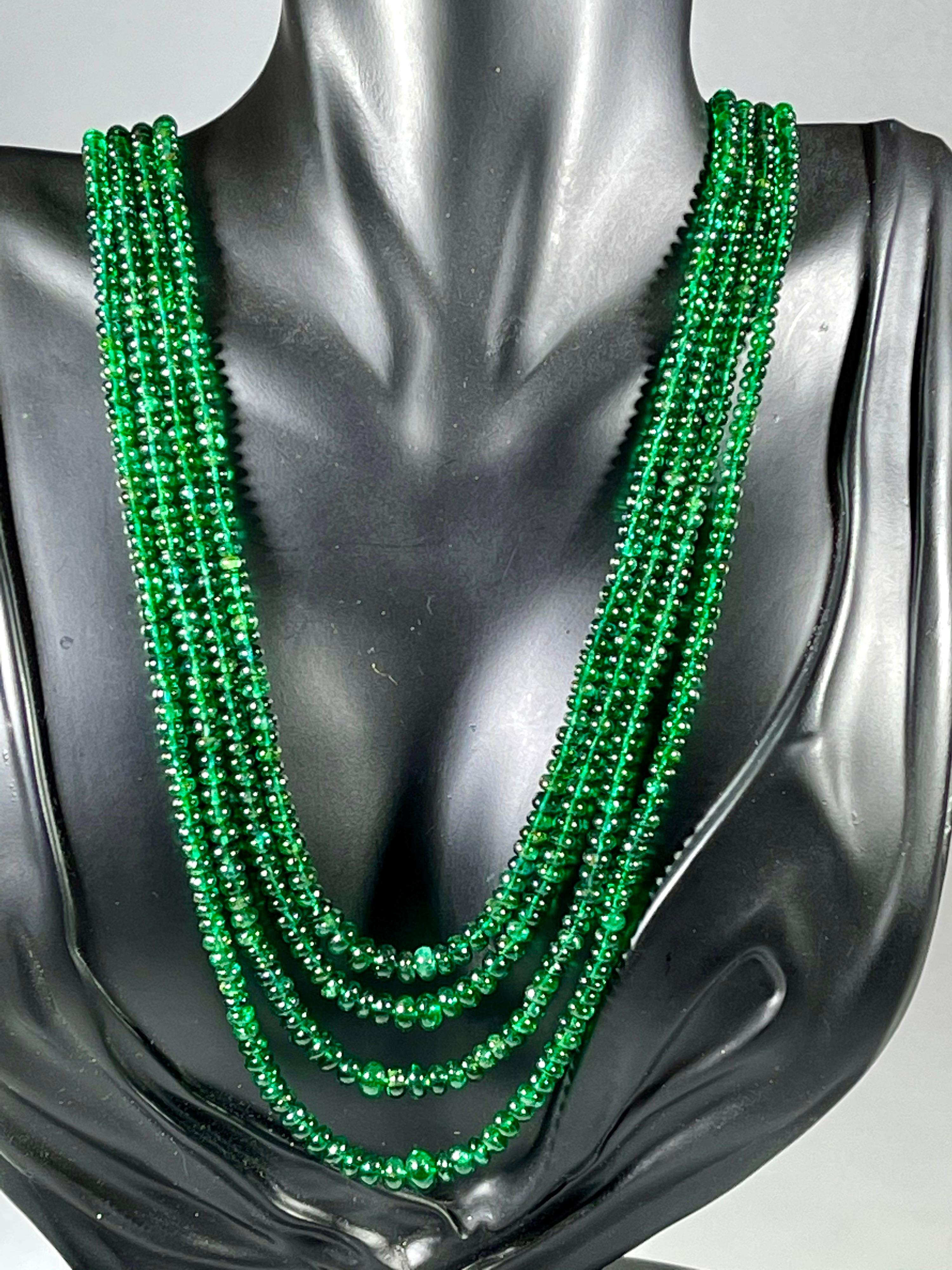 250ct Fine Emerald Beads 4 Line Necklace with 14 Kt Yellow Gold Clasp Adjustable For Sale 7