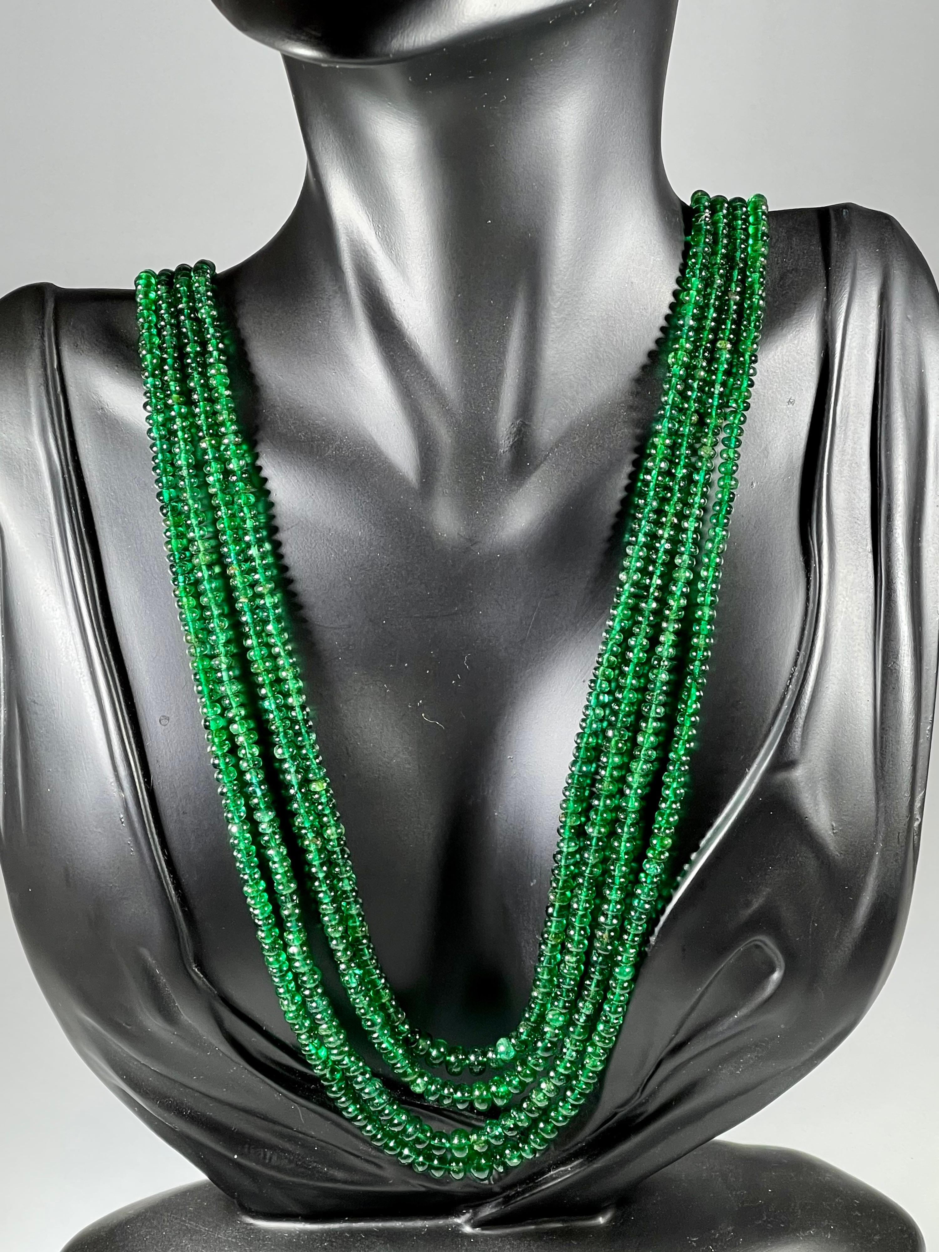 250ct Fine Emerald Beads 4 Line Necklace with 14 Kt Yellow Gold Clasp Adjustable For Sale 8
