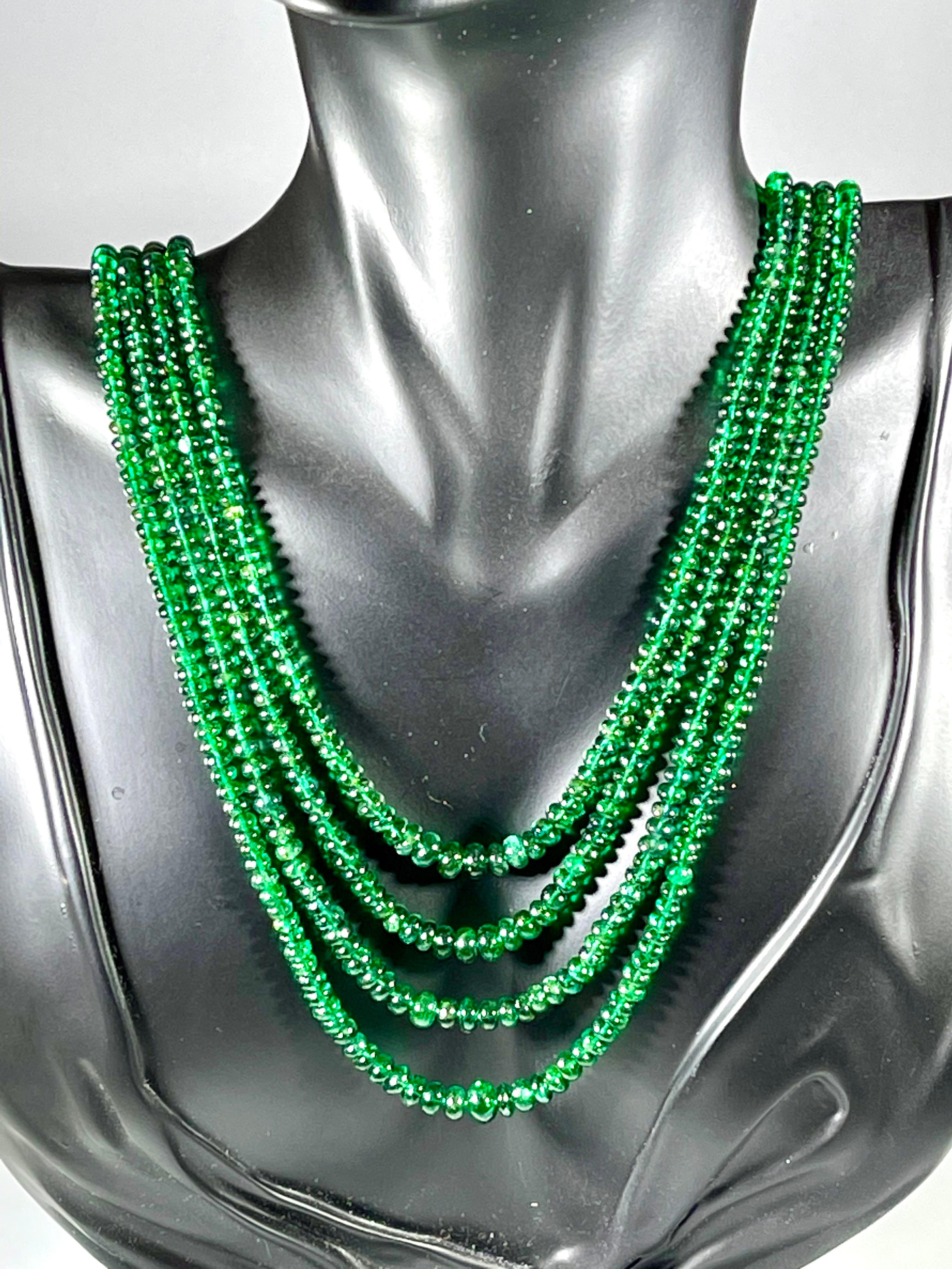 250ct Fine Emerald Beads 4 Line Necklace with 14 Kt Yellow Gold Clasp Adjustable In New Condition For Sale In New York, NY