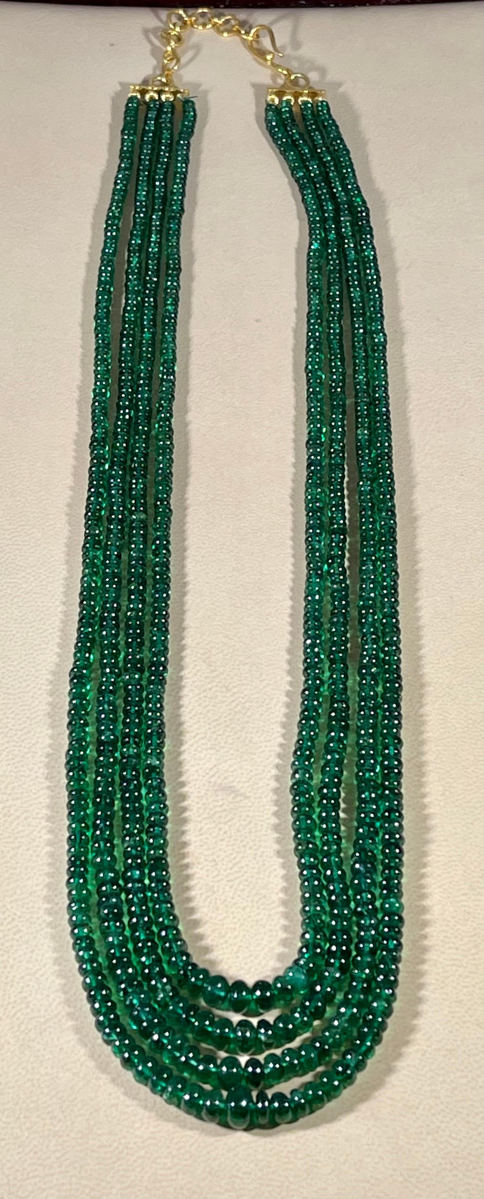 Women's 250ct Fine Emerald Beads 4 Line Necklace with 14 Kt Yellow Gold Clasp Adjustable For Sale