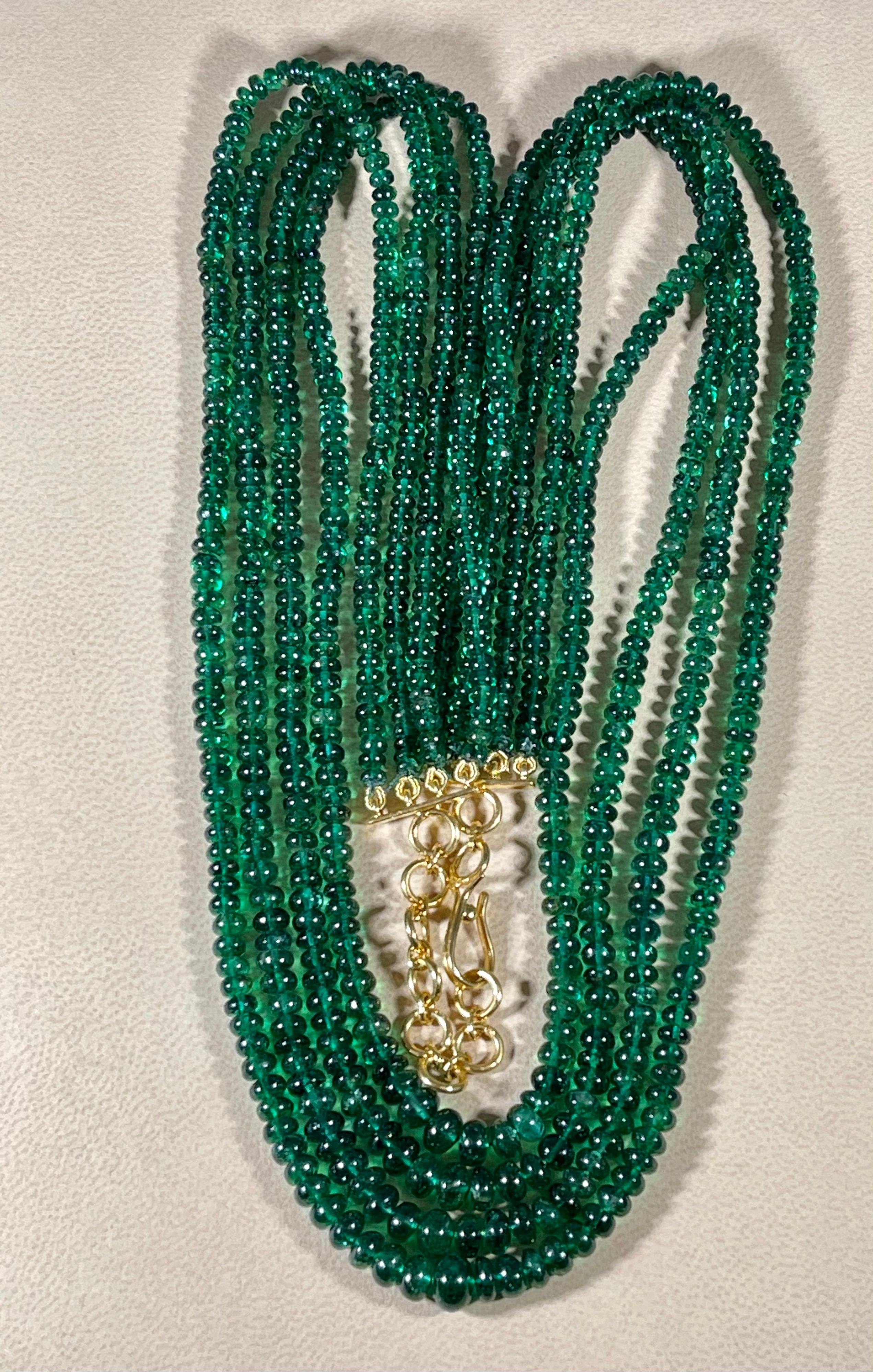 250ct Fine Emerald Beads 4 Line Necklace with 14 Kt Yellow Gold Clasp Adjustable For Sale 1