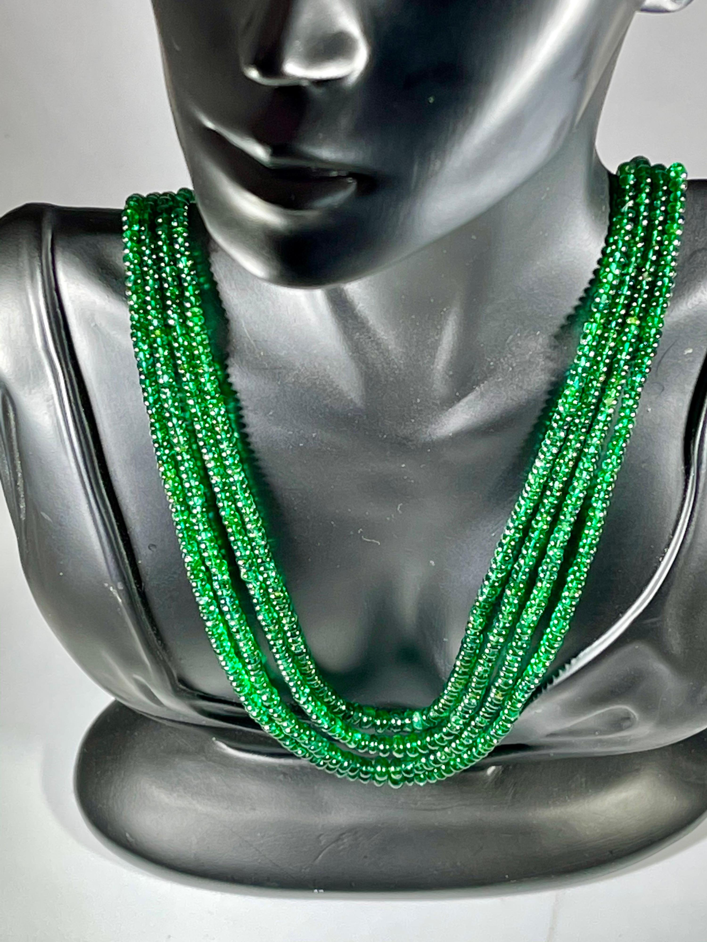 250ct Fine Emerald Beads 4 Line Necklace with 14 Kt Yellow Gold Clasp Adjustable For Sale 2