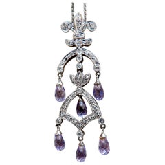 2.50ct Natural Briolette Amethyst Diamonds English Crest Dangle Necklace 14kt*